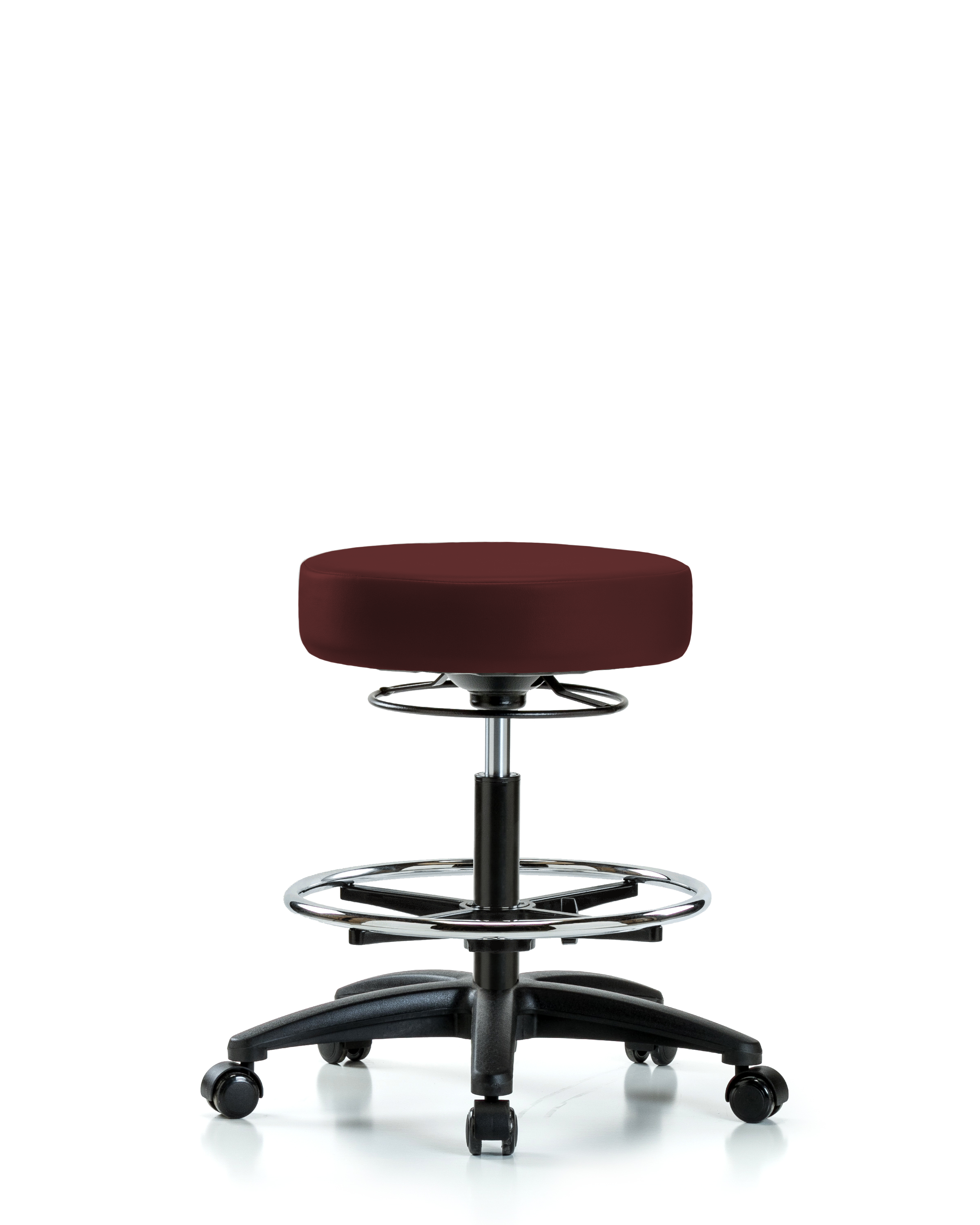 Rutledge Vinyl Stool without Back - Medium Bench Height with Chrome Foot Ring & Casters in Burgundy Trailblazer Vinyl