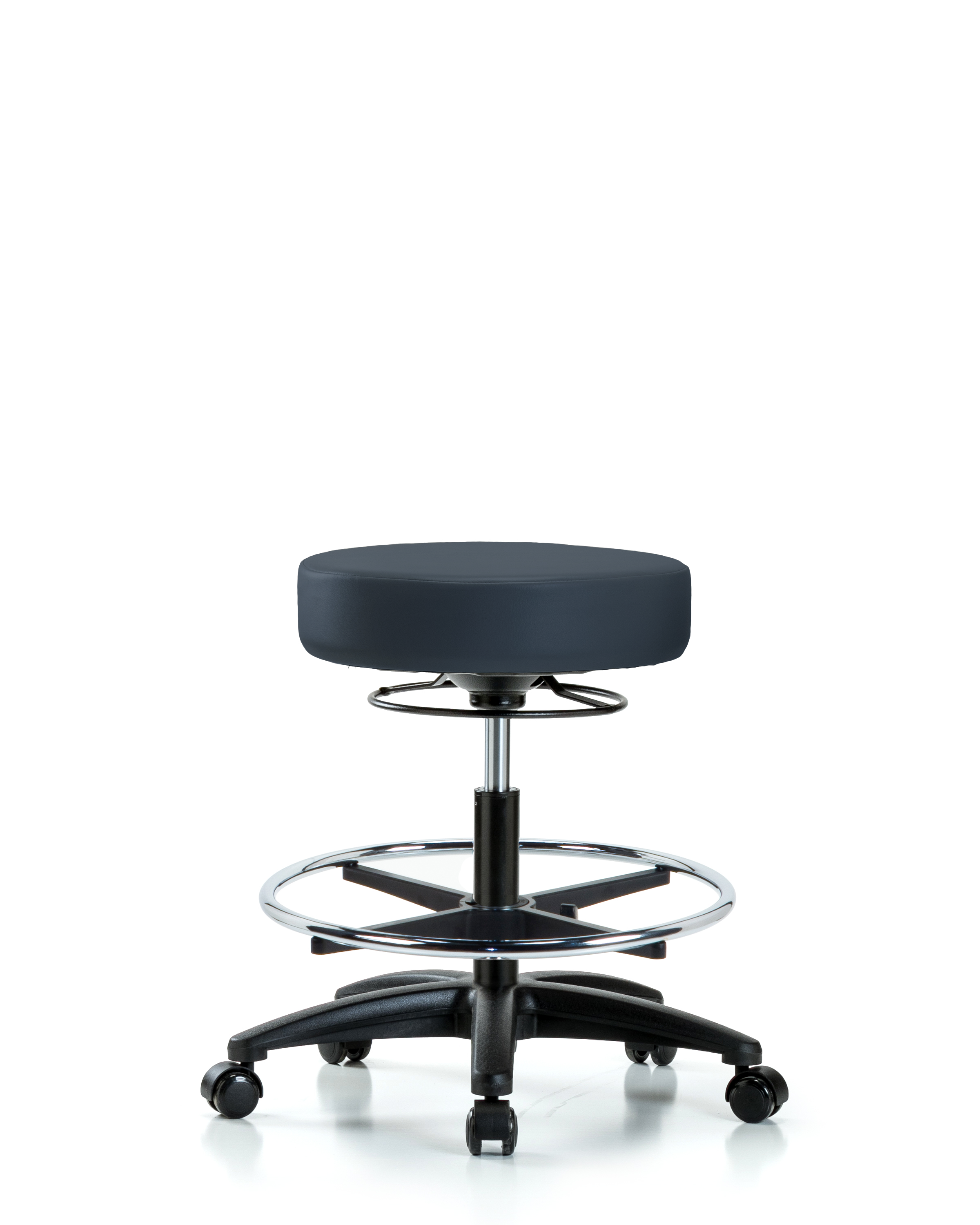 Rutledge Vinyl Stool without Back - Medium Bench Height with Chrome Foot Ring & Casters in Imperial Blue Trailblazer Vinyl
