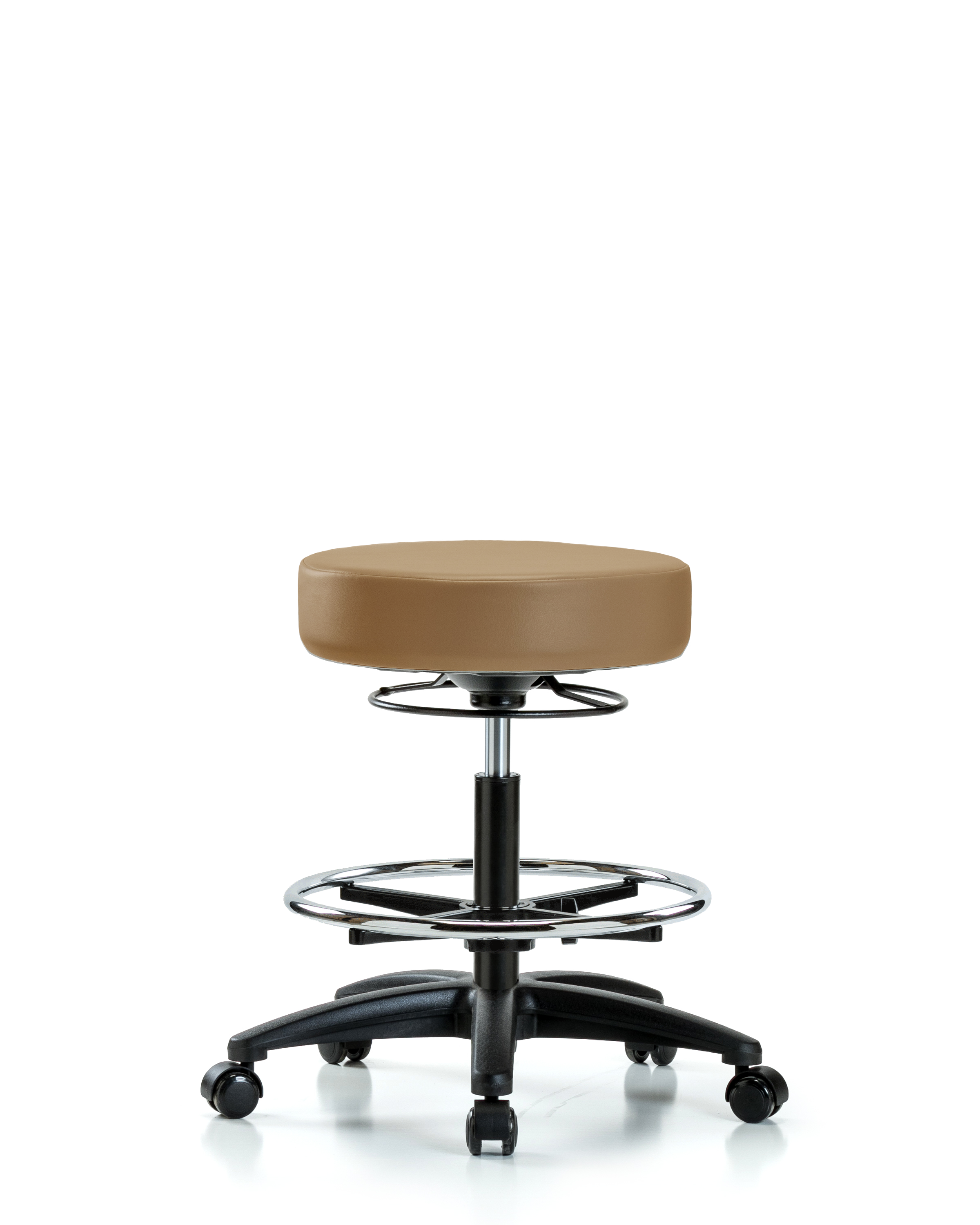 Rutledge Vinyl Stool without Back - Medium Bench Height with Chrome Foot Ring & Casters in Taupe Trailblazer Vinyl