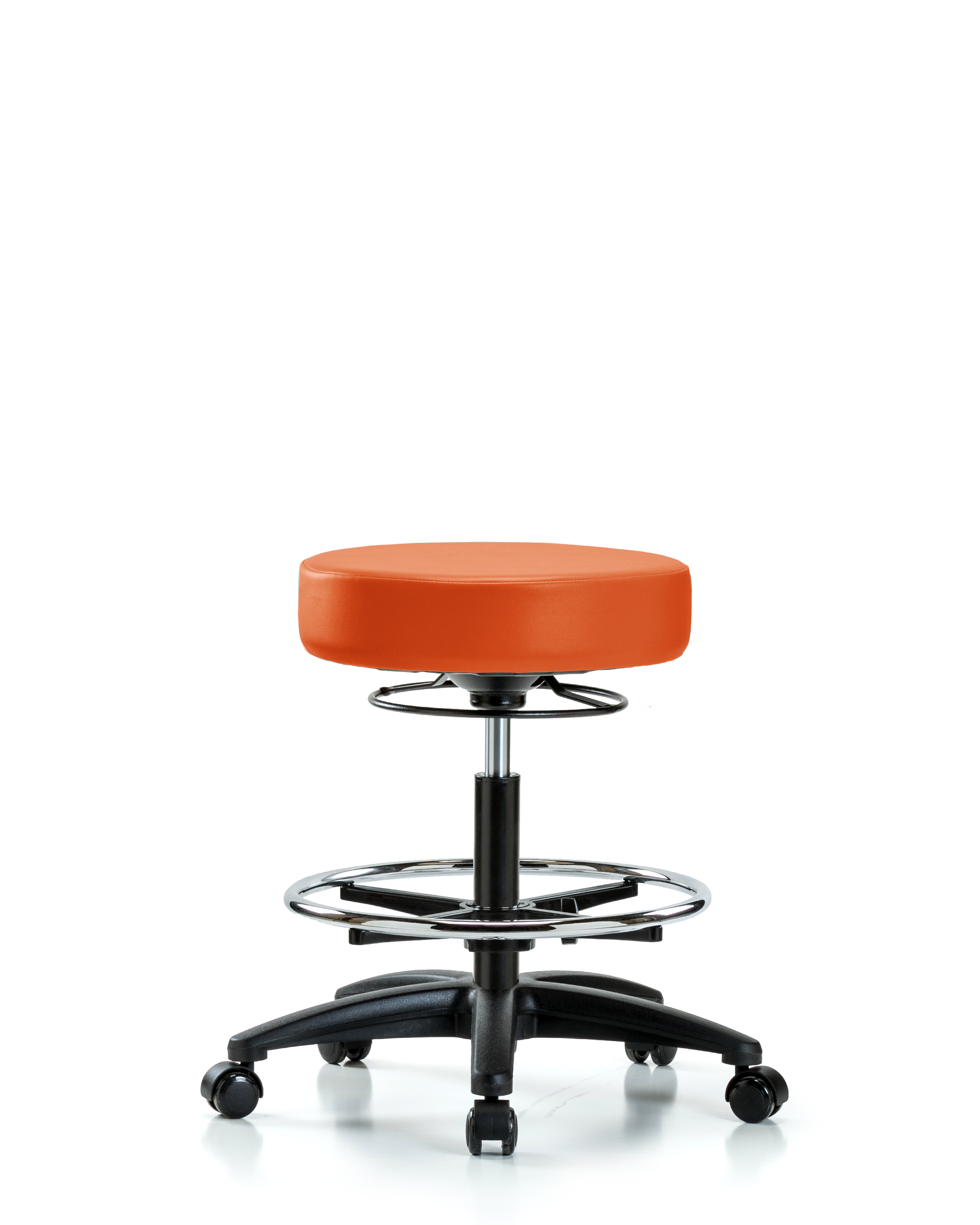 Rutledge Vinyl Stool without Back - Medium Bench Height with Chrome Foot Ring & Casters in Orange Kist Trailblazer Vinyl