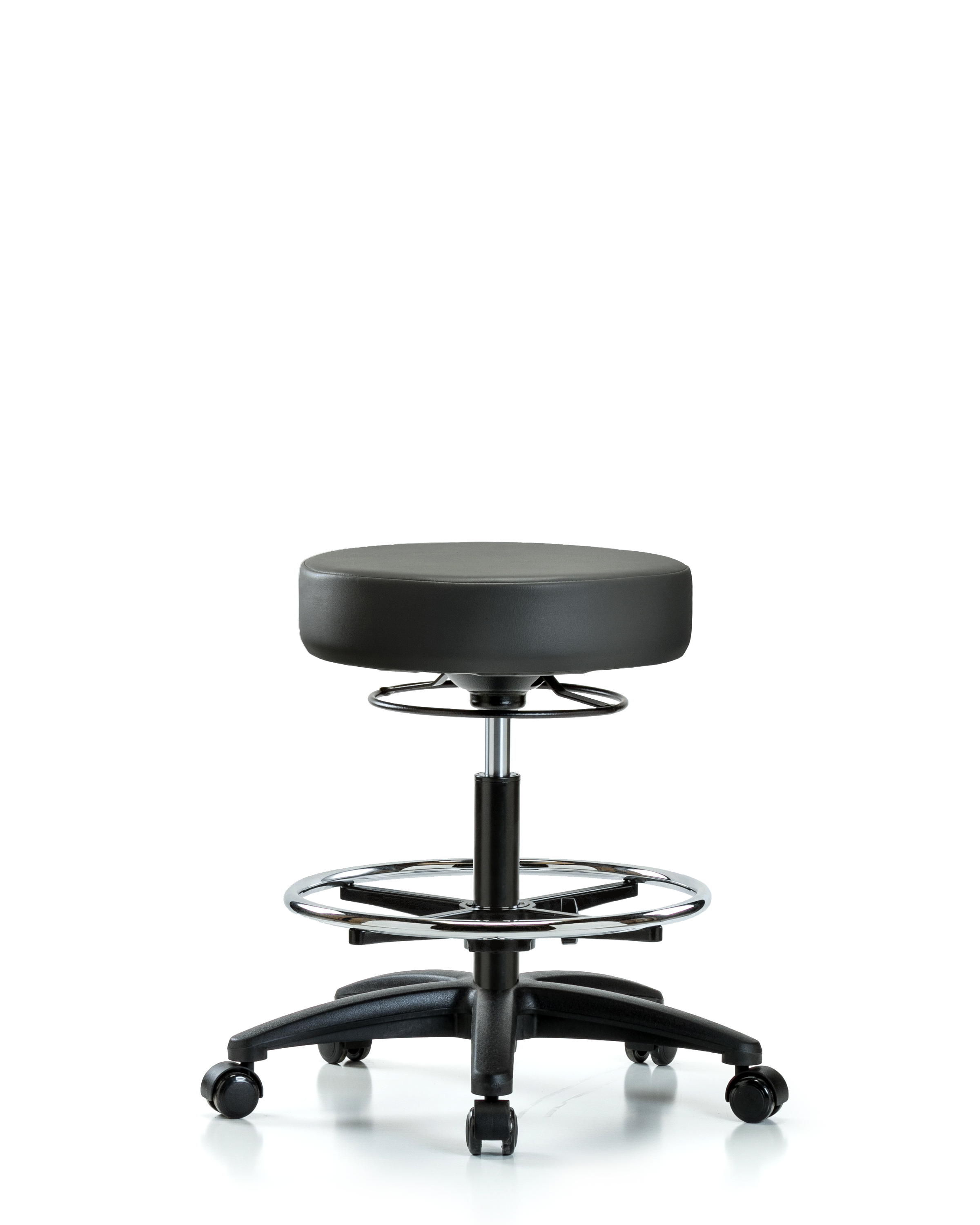 Rutledge Vinyl Stool without Back - Medium Bench Height with Chrome Foot Ring & Casters in Carbon Supernova Vinyl