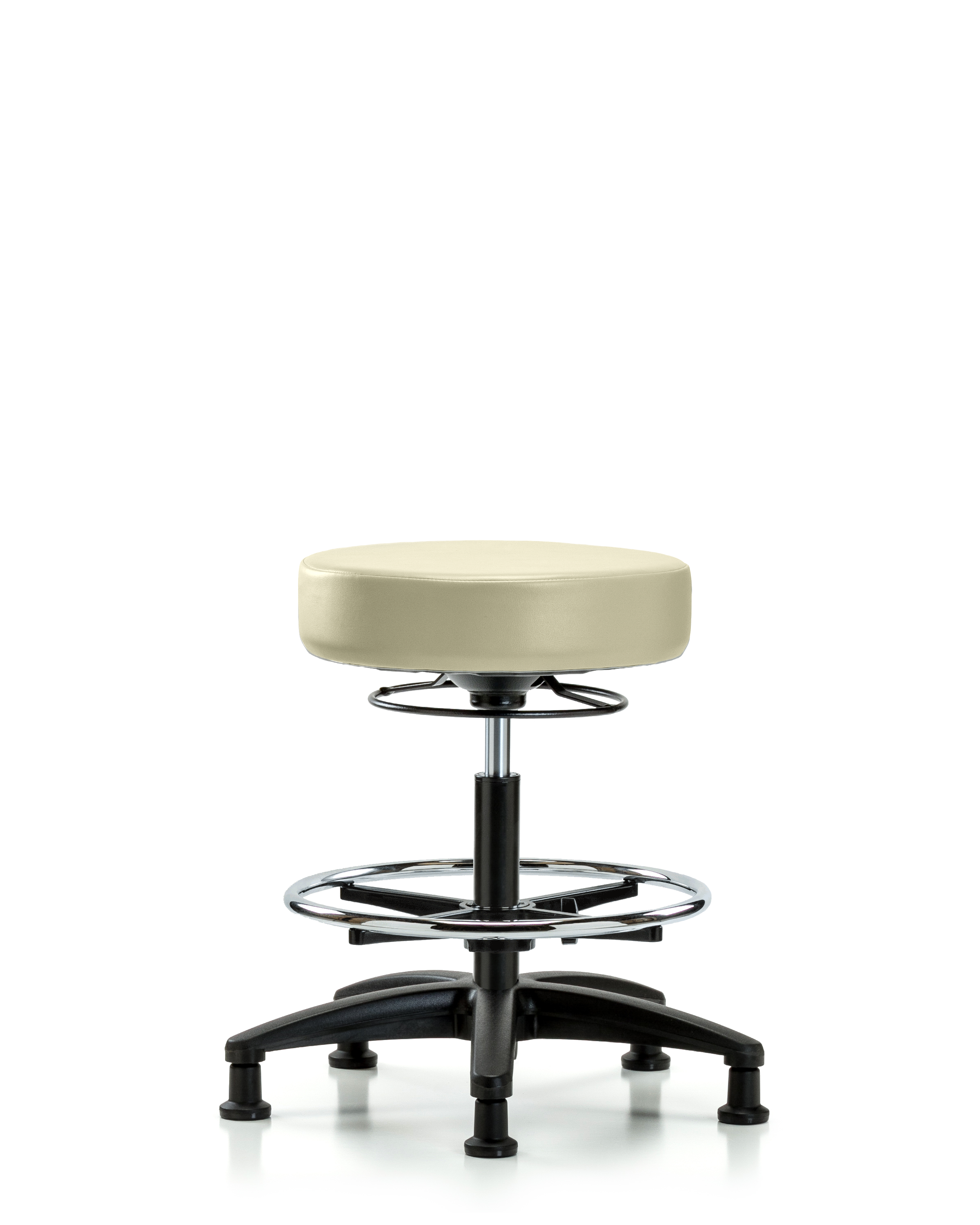 Rutledge Vinyl Stool without Back - Medium Bench Height with Chrome Foot Ring & Stationary Glides in Adobe White Trailblazer Vinyl
