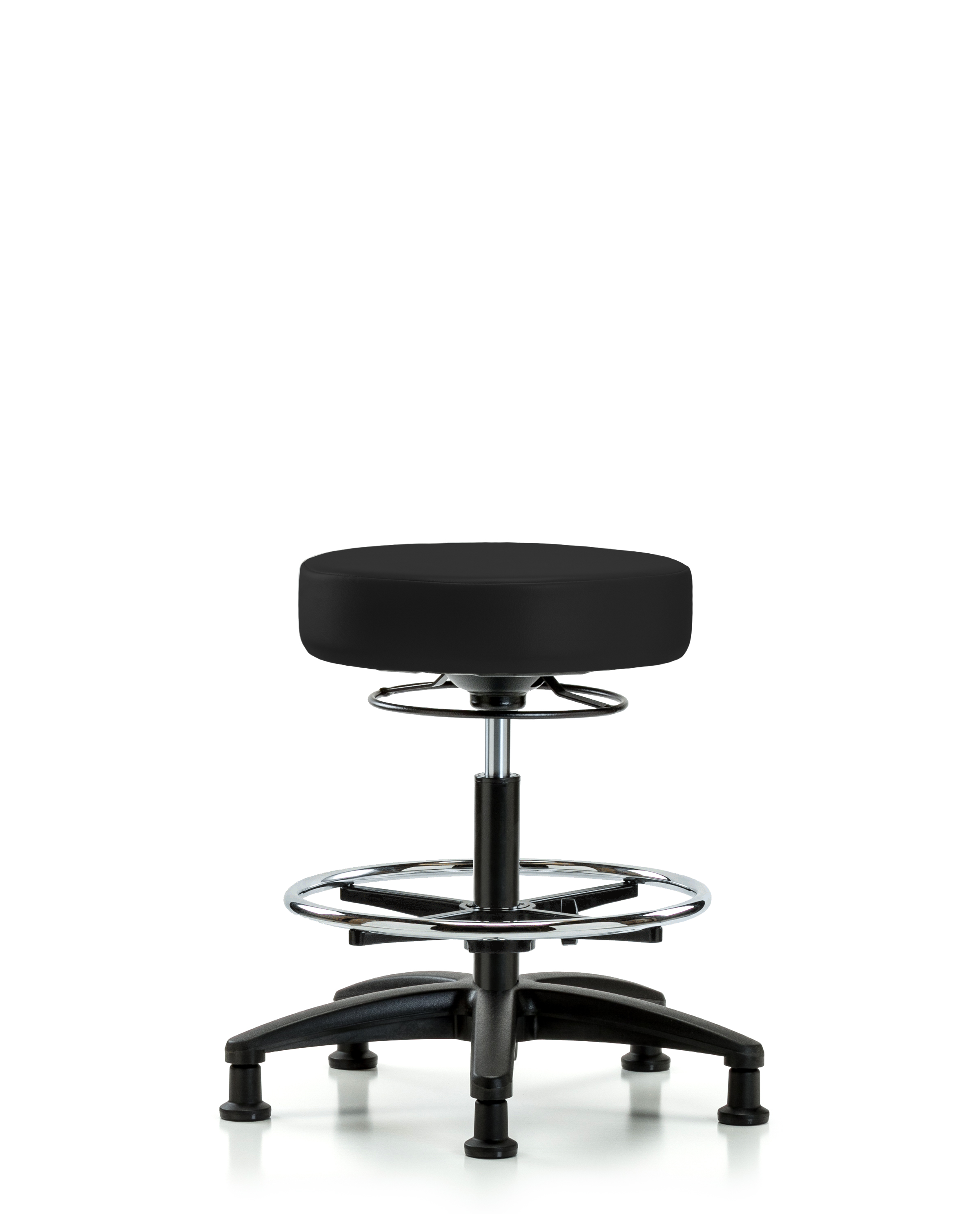 Rutledge Vinyl Stool without Back - Medium Bench Height with Chrome Foot Ring & Stationary Glides in Black Trailblazer Vinyl