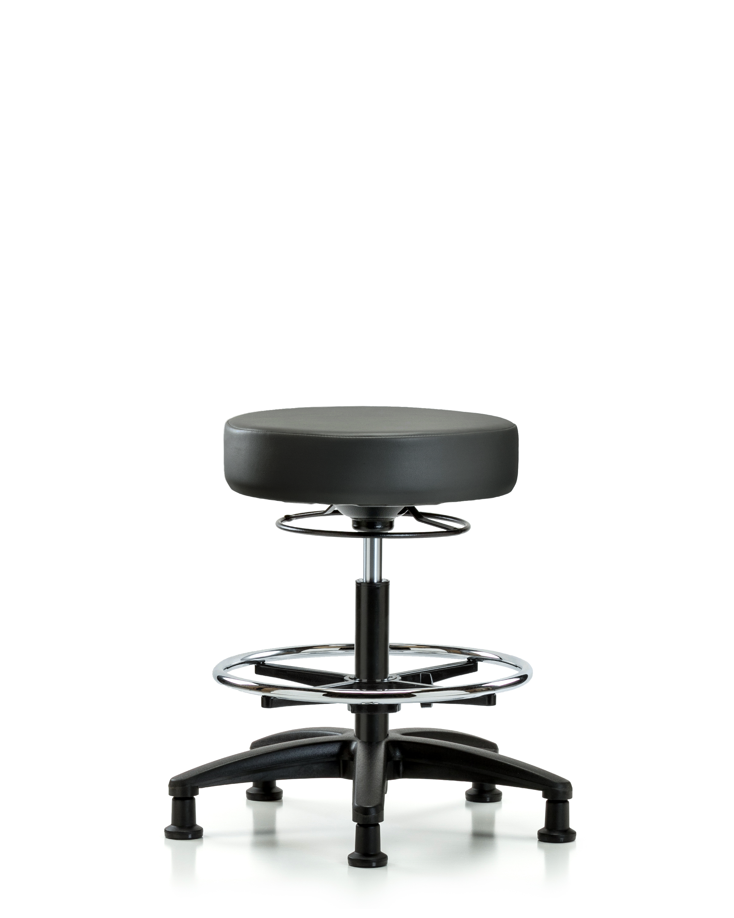 Rutledge Vinyl Stool without Back - Medium Bench Height with Chrome Foot Ring & Stationary Glides in Carbon Supernova Vinyl