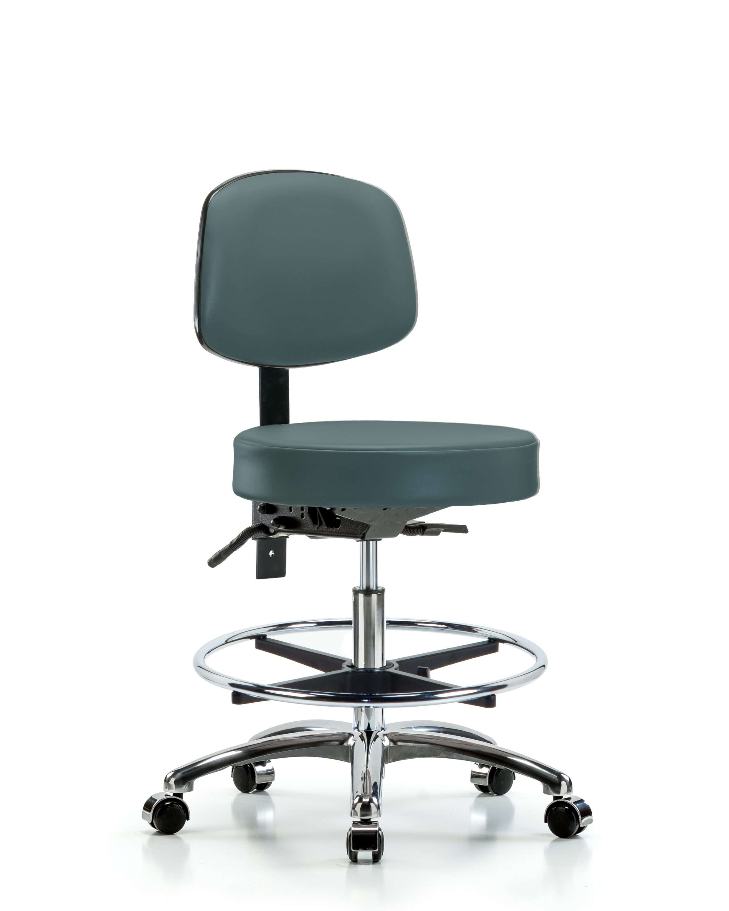 Rutledge Vinyl Stool with Back Chrome - Medium Bench Height with Chrome Foot Ring & Casters in Colonial Blue Trailblazer Vinyl