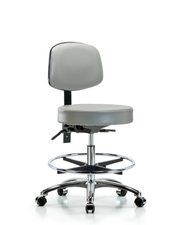 Rutledge Vinyl Stool with Back Chrome - Medium Bench Height with Chrome Foot Ring & Casters in Dove Trailblazer Vinyl