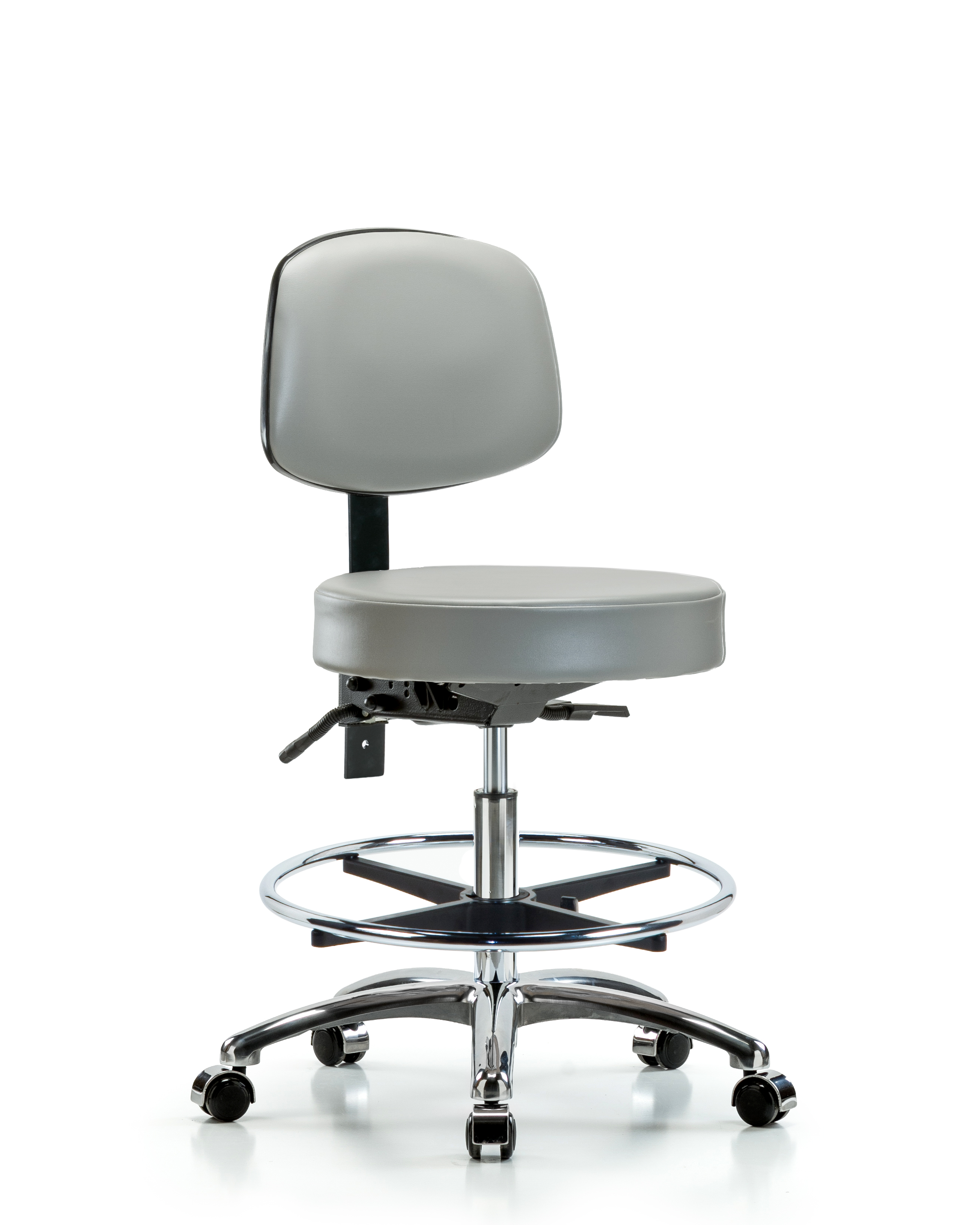 Rutledge Vinyl Stool with Back Chrome - Medium Bench Height with Chrome Foot Ring & Casters in Dove Trailblazer Vinyl