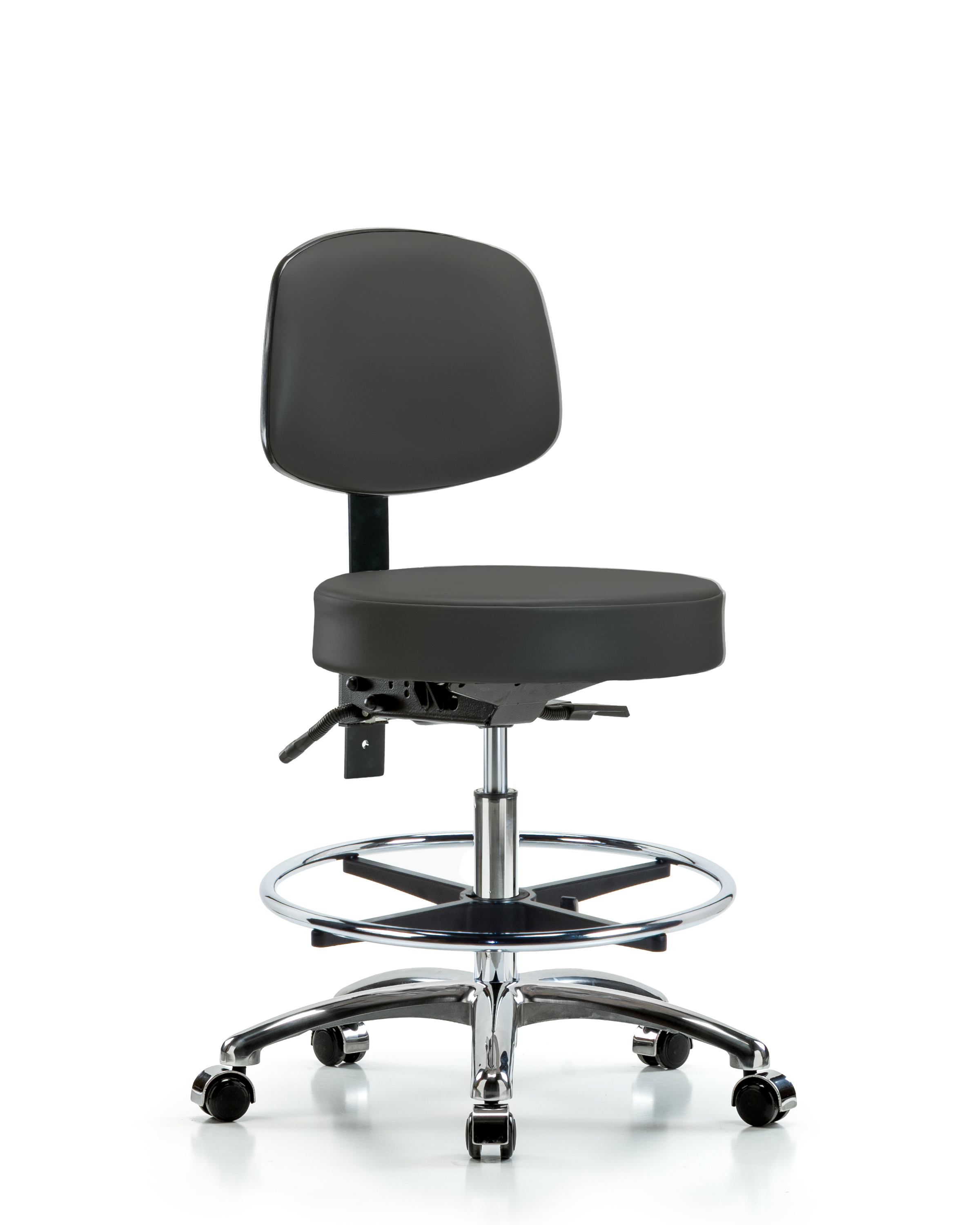 Rutledge Vinyl Stool with Back Chrome - Medium Bench Height with Chrome Foot Ring & Casters in Charcoal Trailblazer Vinyl