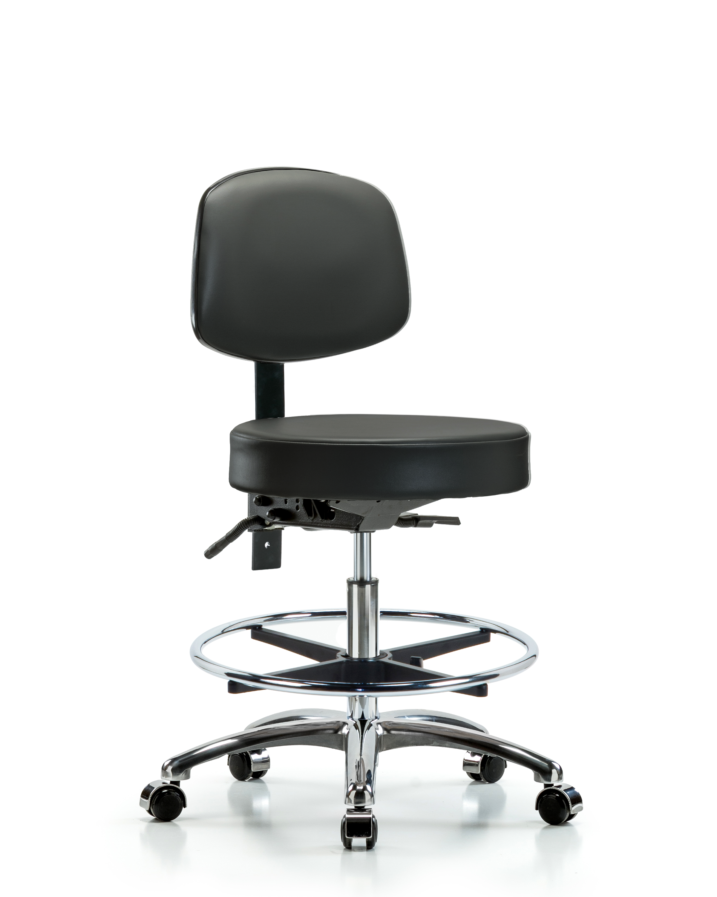 Rutledge Vinyl Stool with Back Chrome - Medium Bench Height with Chrome Foot Ring & Casters in Carbon Supernova Vinyl