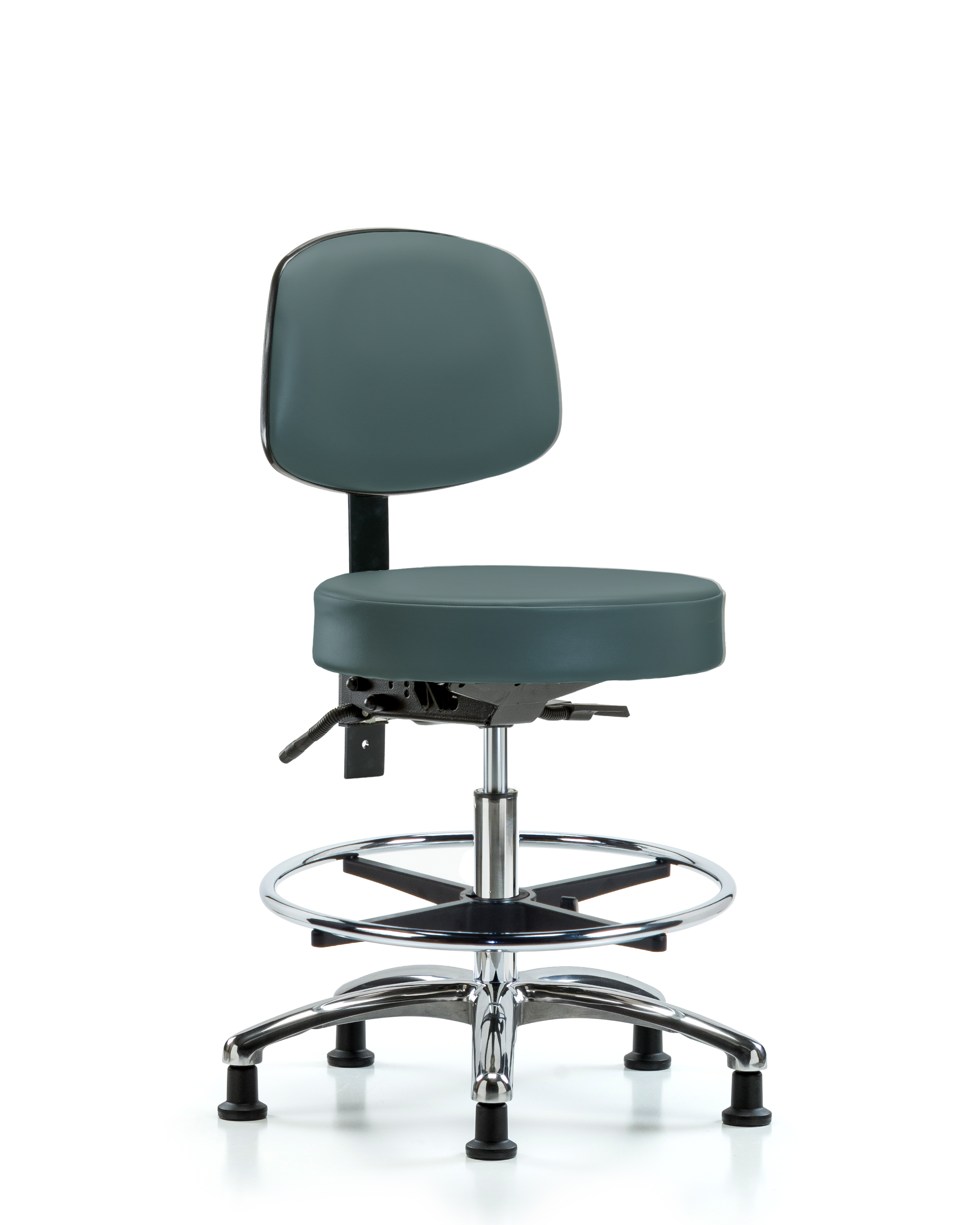 Rutledge Vinyl Stool with Back Chrome - Medium Bench Height with Chrome Foot Ring & Stationary Glides in Colonial Blue Trailblazer Vinyl