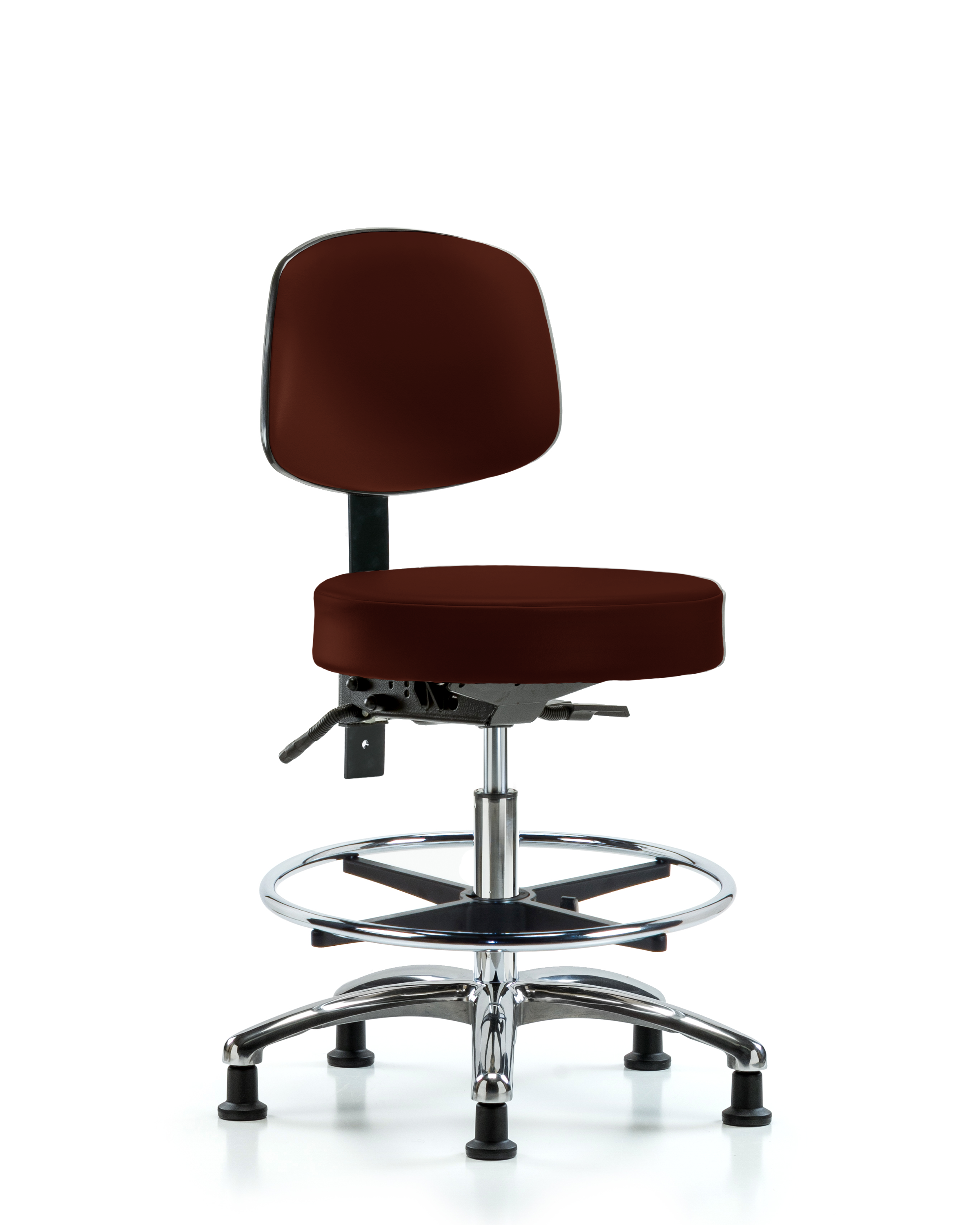 Rutledge Vinyl Stool with Back Chrome - Medium Bench Height with Chrome Foot Ring & Stationary Glides in Burgundy Trailblazer Vinyl