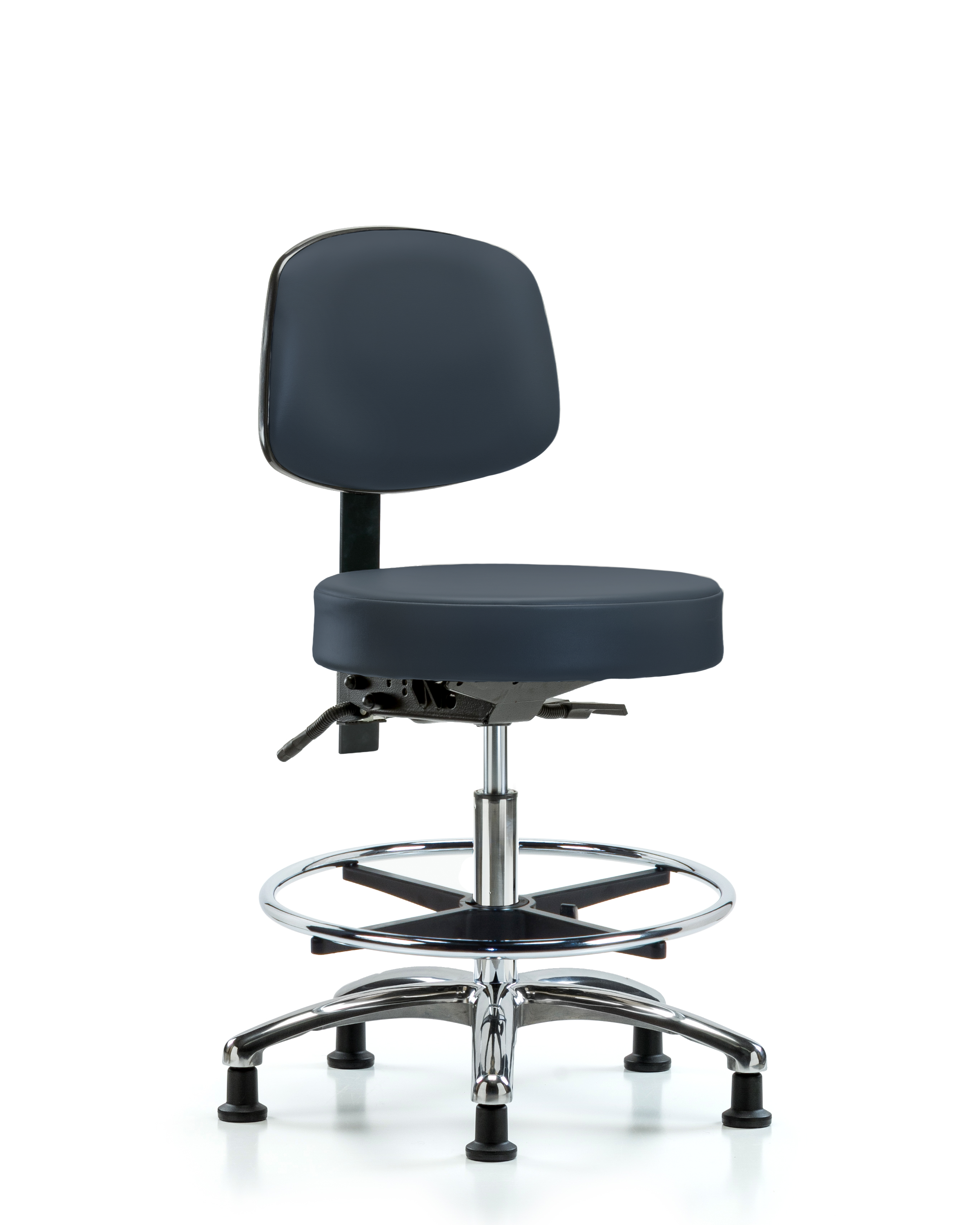 Rutledge Vinyl Stool with Back Chrome - Medium Bench Height with Chrome Foot Ring & Stationary Glides in Imperial Blue Trailblazer Vinyl