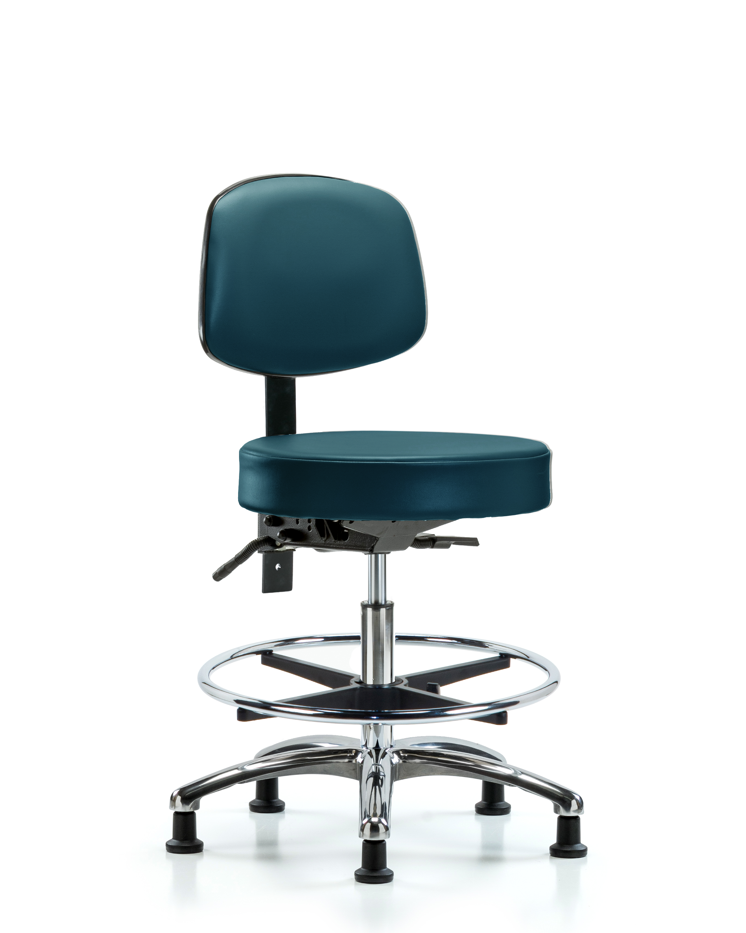 Rutledge Vinyl Stool with Back Chrome - Medium Bench Height with Chrome Foot Ring & Stationary Glides in Marine Blue Supernova Vinyl