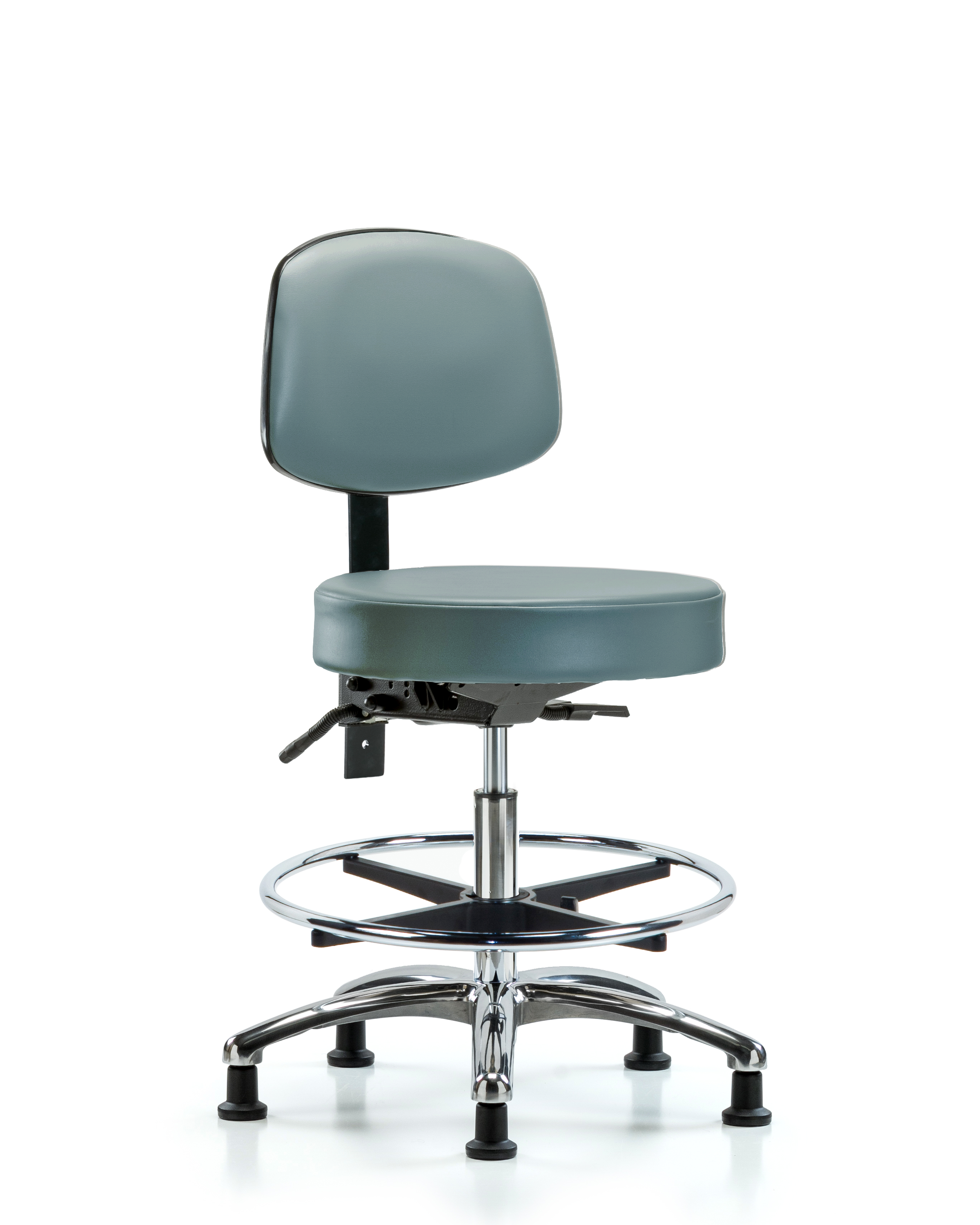 Rutledge Vinyl Stool with Back Chrome - Medium Bench Height with Chrome Foot Ring & Stationary Glides in Storm Supernova Vinyl
