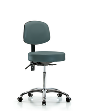 Rutledge Vinyl Stool with Back Chrome - Medium Bench Height with Casters in Colonial Blue Trailblazer Vinyl
