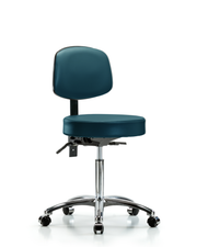 Rutledge Vinyl Stool with Back Chrome - Medium Bench Height with Casters in Marine Blue Supernova Vinyl