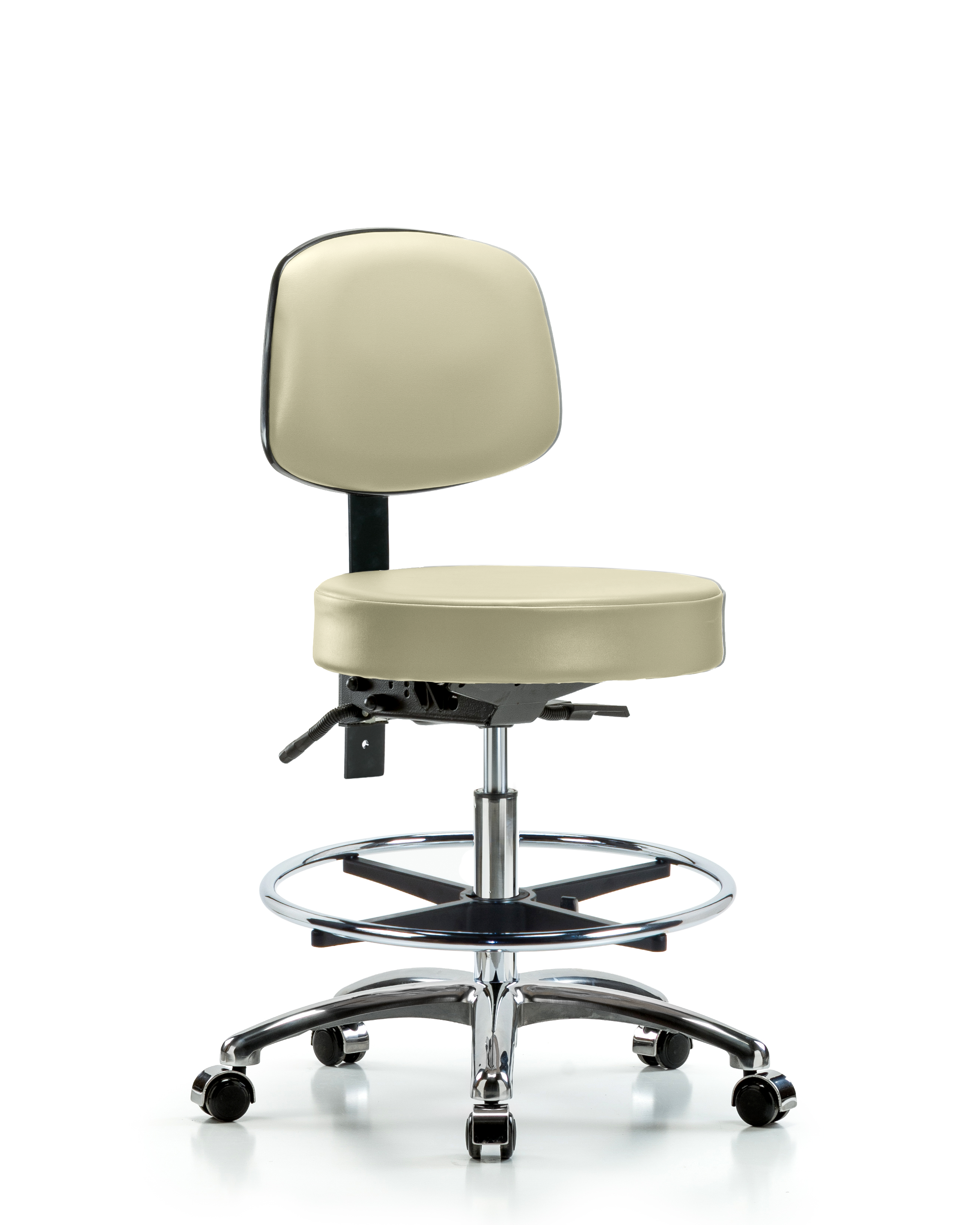 Rutledge Vinyl Stool with Back Chrome - Medium Bench Height with Seat Tilt, Chrome Foot Ring, & Casters in Adobe White Trailblazer Vinyl