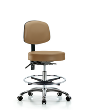 Rutledge Vinyl Stool with Back Chrome - Medium Bench Height with Seat Tilt, Chrome Foot Ring, & Casters in Taupe Trailblazer Vinyl