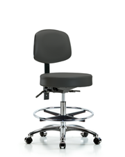 Rutledge Vinyl Stool with Back Chrome - Medium Bench Height with Seat Tilt, Chrome Foot Ring, & Casters in Charcoal Trailblazer Vinyl
