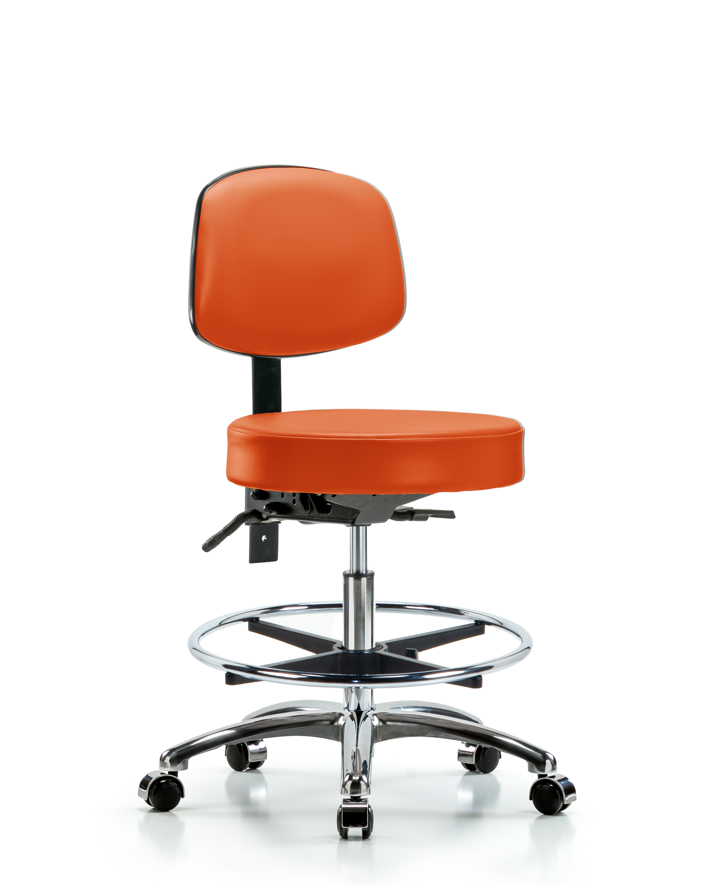 Rutledge Vinyl Stool with Back Chrome - Medium Bench Height with Seat Tilt, Chrome Foot Ring, & Casters in Orange Kist Trailblazer Vinyl