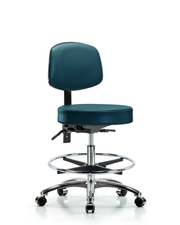 Rutledge Vinyl Stool with Back Chrome - Medium Bench Height with Seat Tilt, Chrome Foot Ring, & Casters in Marine Blue Supernova Vinyl