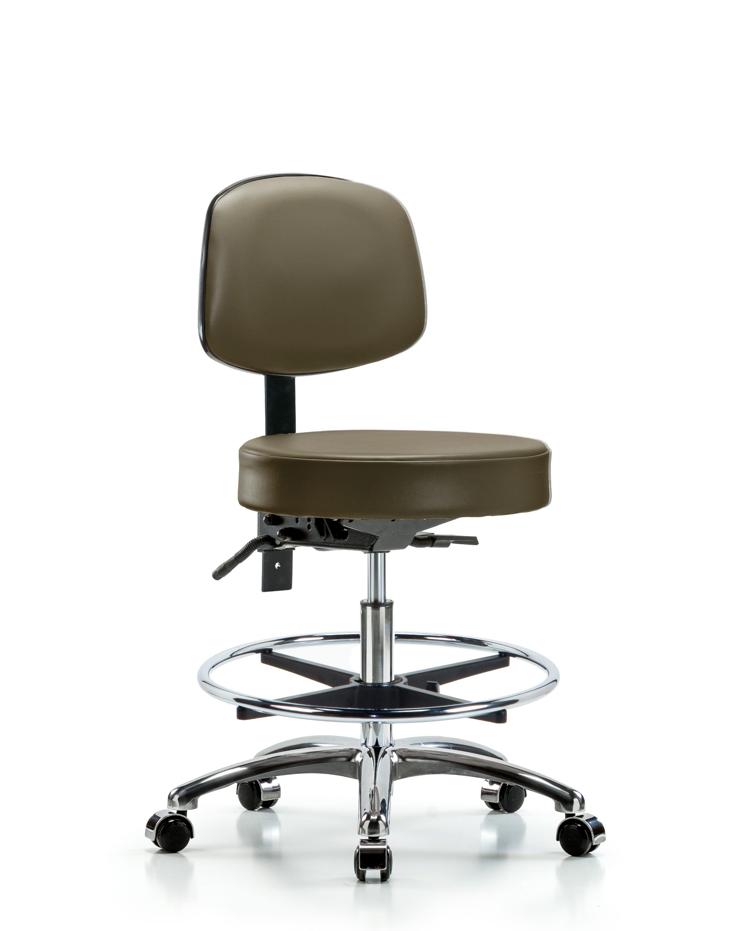 Rutledge Vinyl Stool with Back Chrome - Medium Bench Height with Seat Tilt, Chrome Foot Ring, & Casters in Taupe Supernova Vinyl