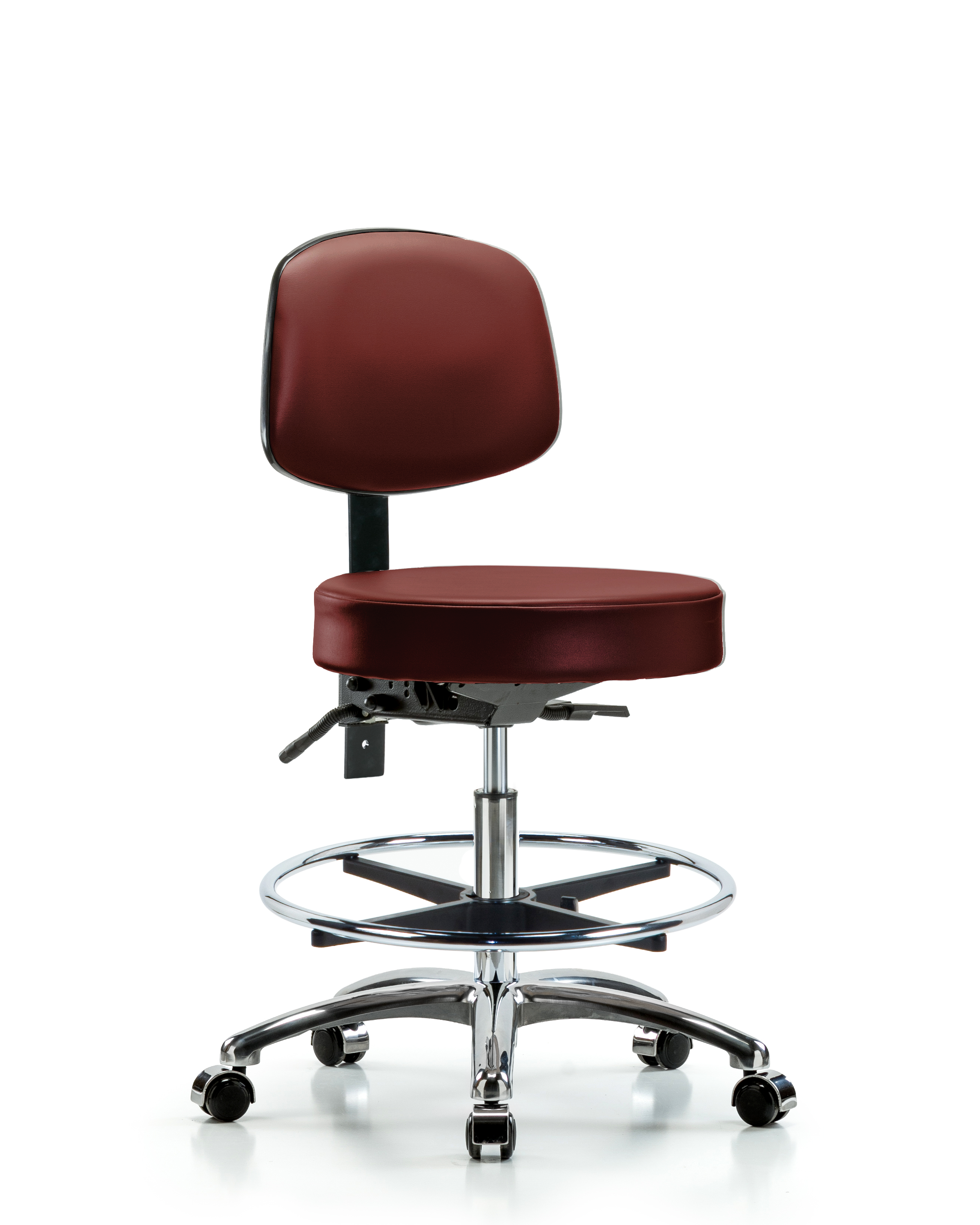 Rutledge Vinyl Stool with Back Chrome - Medium Bench Height with Seat Tilt, Chrome Foot Ring, & Casters in Borscht Supernova Vinyl