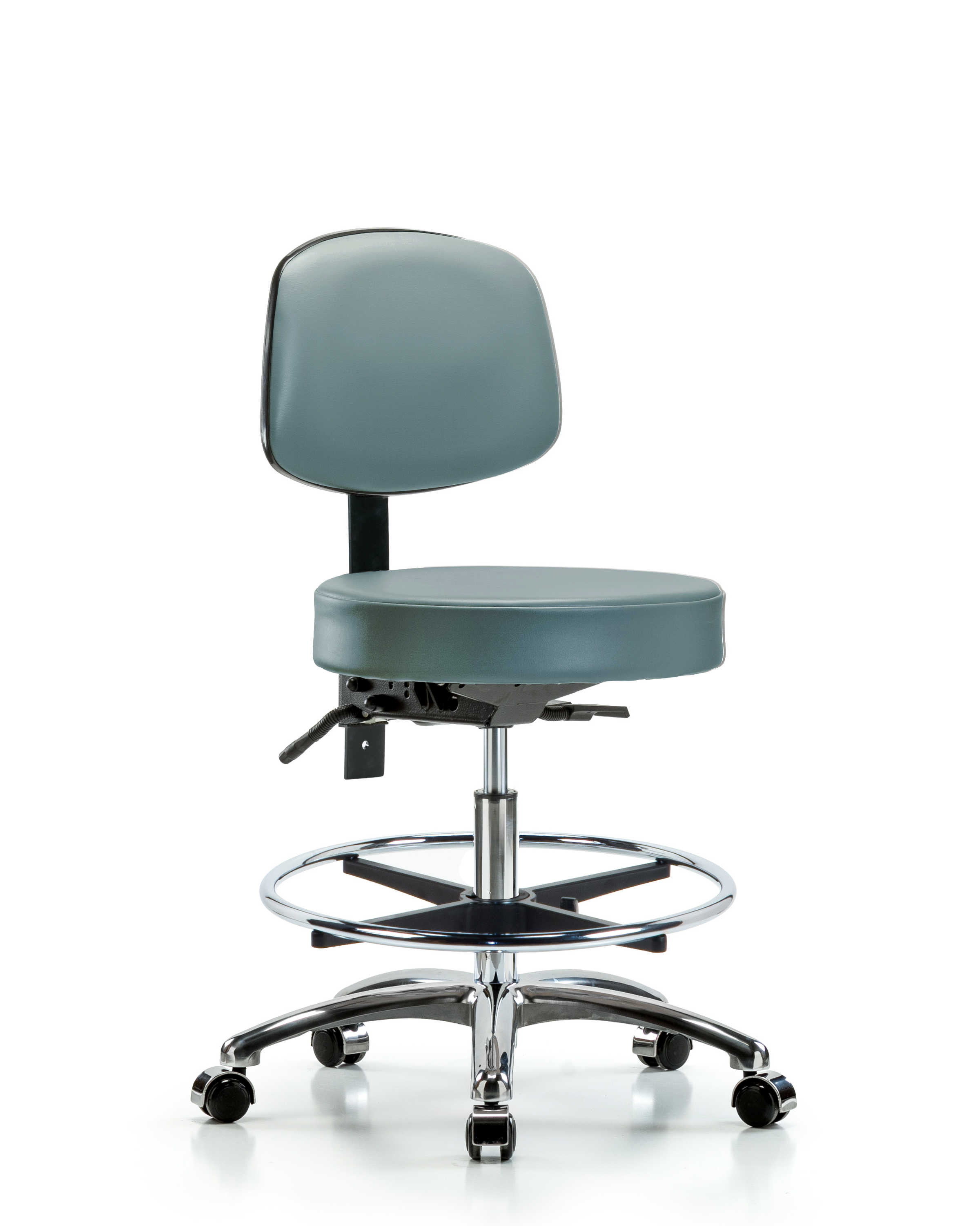 Rutledge Vinyl Stool with Back Chrome - Medium Bench Height with Seat Tilt, Chrome Foot Ring, & Casters in Storm Supernova Vinyl