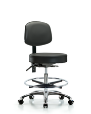 Rutledge Vinyl Stool with Back Chrome - Medium Bench Height with Seat Tilt, Chrome Foot Ring, & Casters in Carbon Supernova Vinyl