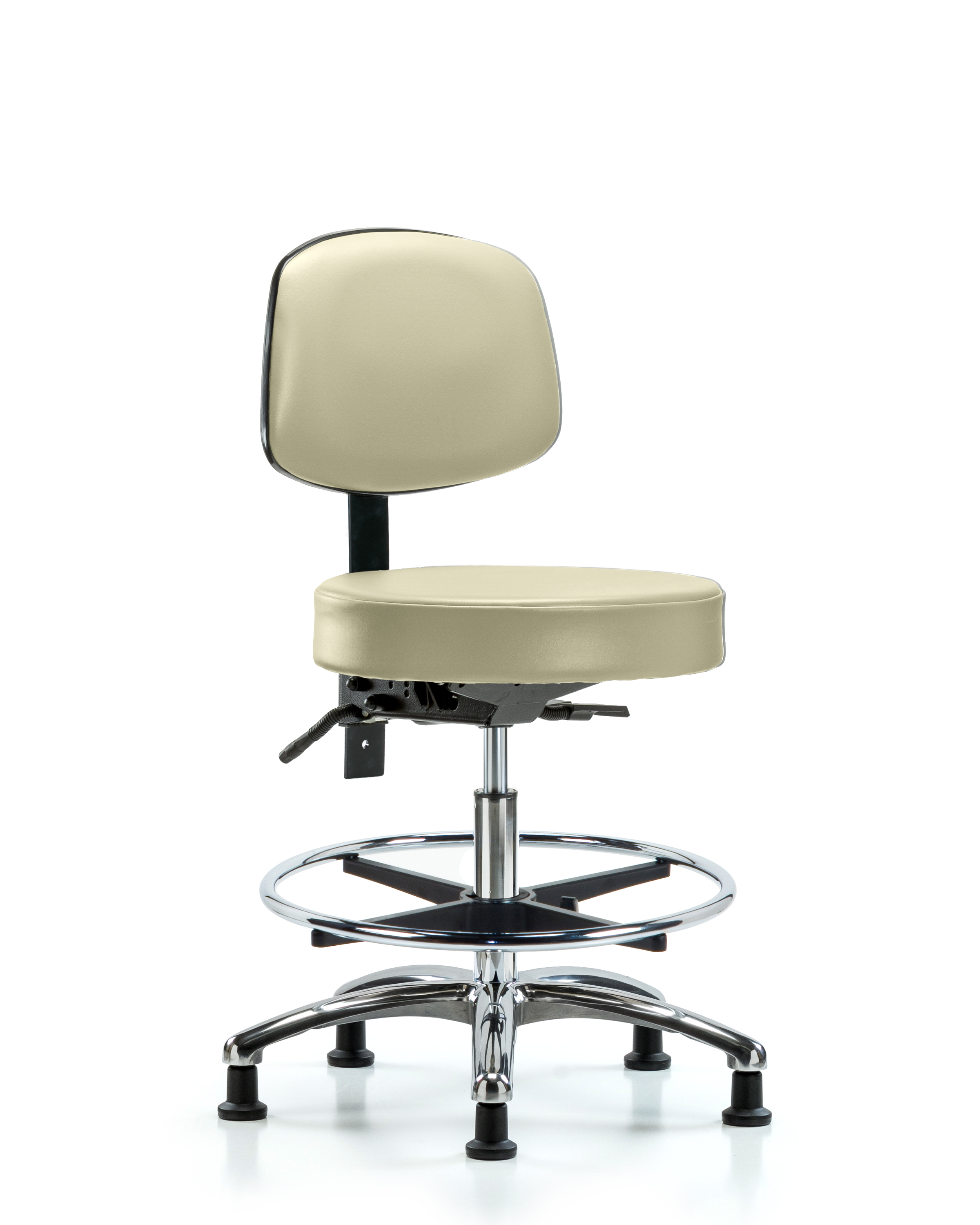 Rutledge Vinyl Stool with Back Chrome - Medium Bench Height with Seat Tilt, Chrome Foot Ring, & Stationary Glides in Adobe White Trailblazer Vinyl
