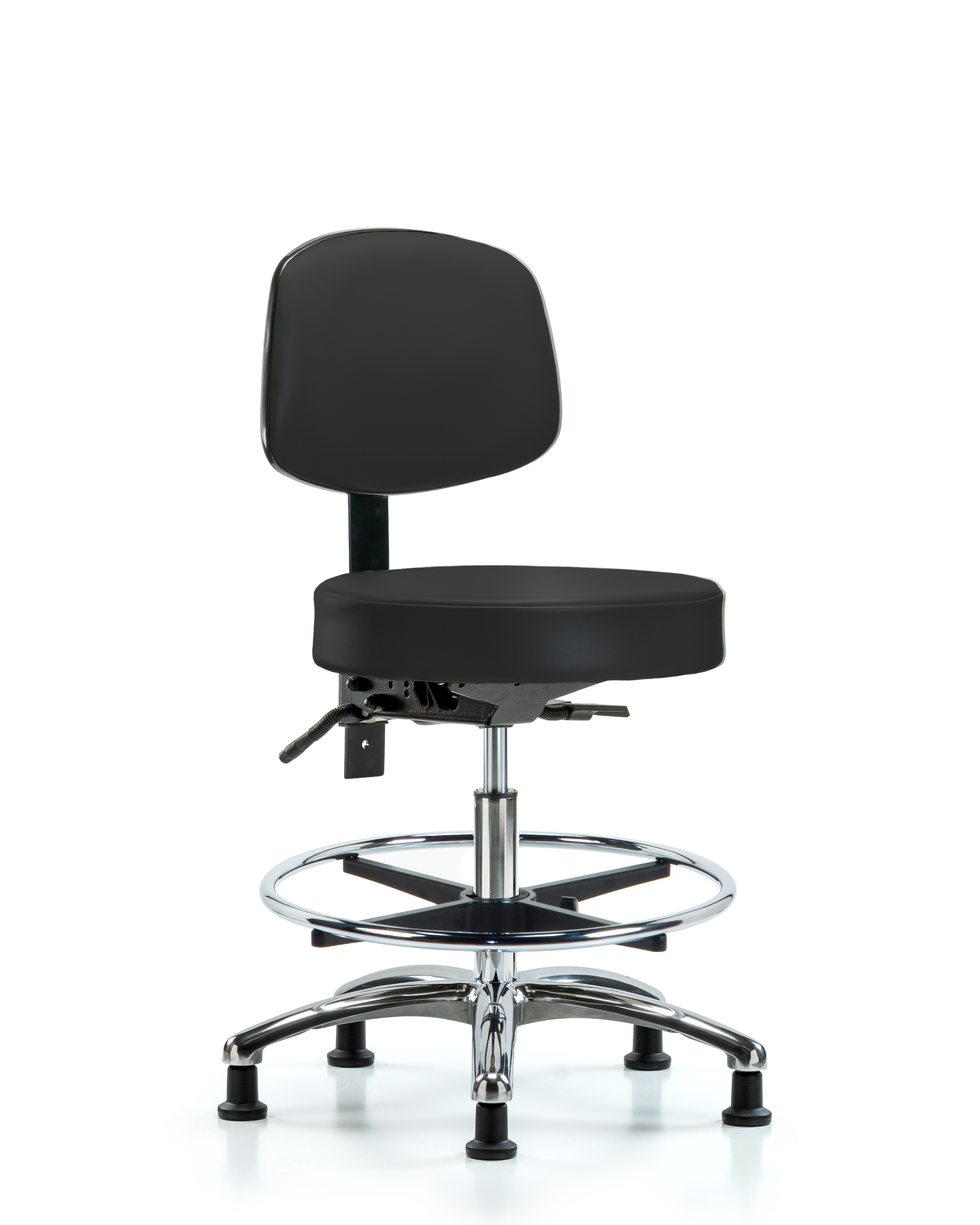 Rutledge Vinyl Stool with Back Chrome - Medium Bench Height with Seat Tilt, Chrome Foot Ring, & Stationary Glides in Black Trailblazer Vinyl
