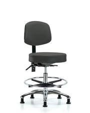 Rutledge Vinyl Stool with Back Chrome - Medium Bench Height with Seat Tilt, Chrome Foot Ring, & Stationary Glides in Charcoal Trailblazer Vinyl