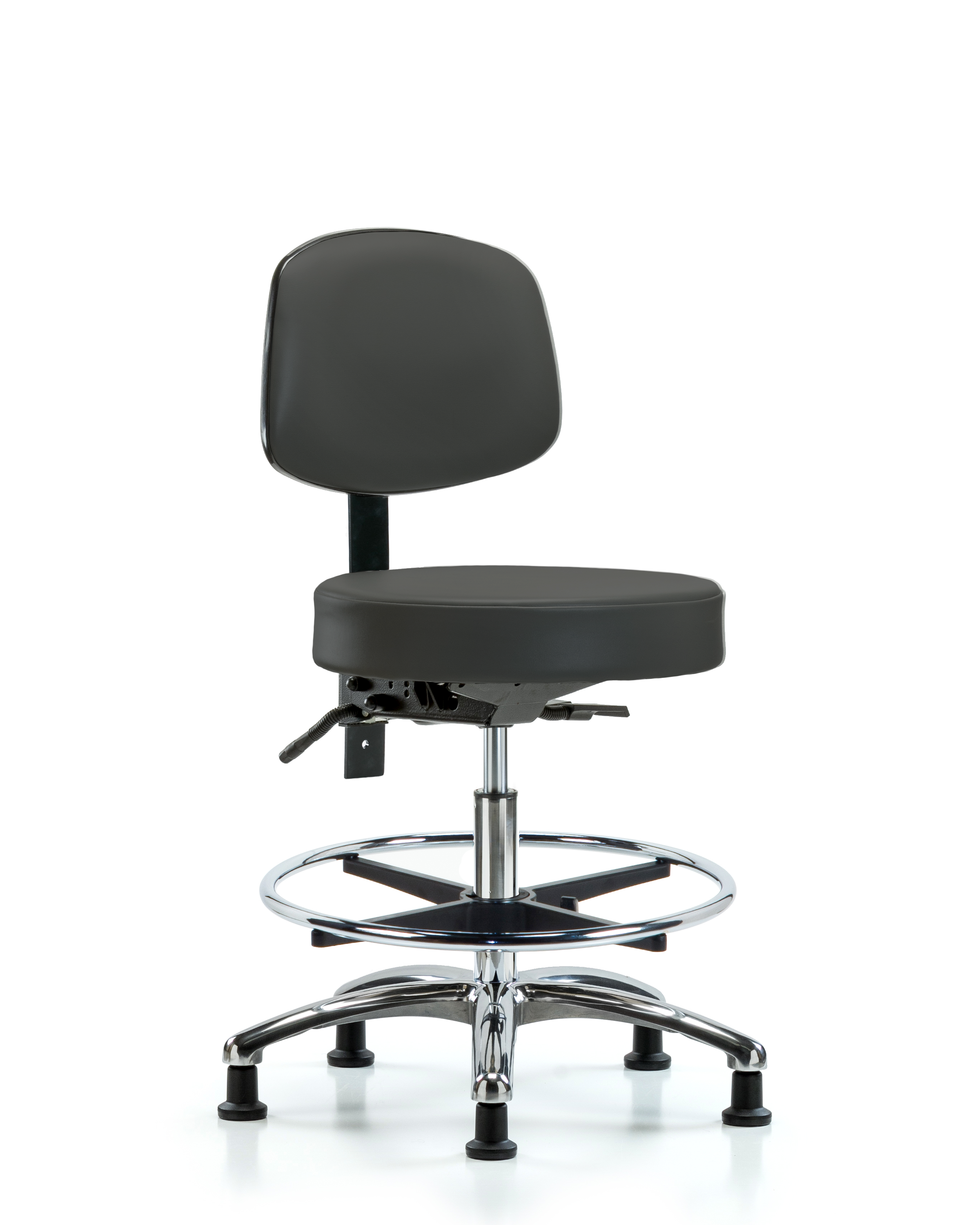Rutledge Vinyl Stool with Back Chrome - Medium Bench Height with Seat Tilt, Chrome Foot Ring, & Stationary Glides in Charcoal Trailblazer Vinyl