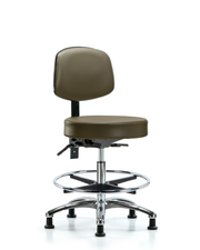 Rutledge Vinyl Stool with Back Chrome - Medium Bench Height with Seat Tilt, Chrome Foot Ring, & Stationary Glides in Taupe Supernova Vinyl