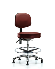 Rutledge Vinyl Stool with Back Chrome - Medium Bench Height with Seat Tilt, Chrome Foot Ring, & Stationary Glides in Borscht Supernova Vinyl