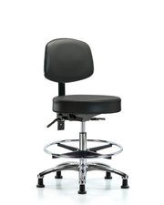 Rutledge Vinyl Stool with Back Chrome - Medium Bench Height with Seat Tilt, Chrome Foot Ring, & Stationary Glides in Carbon Supernova Vinyl