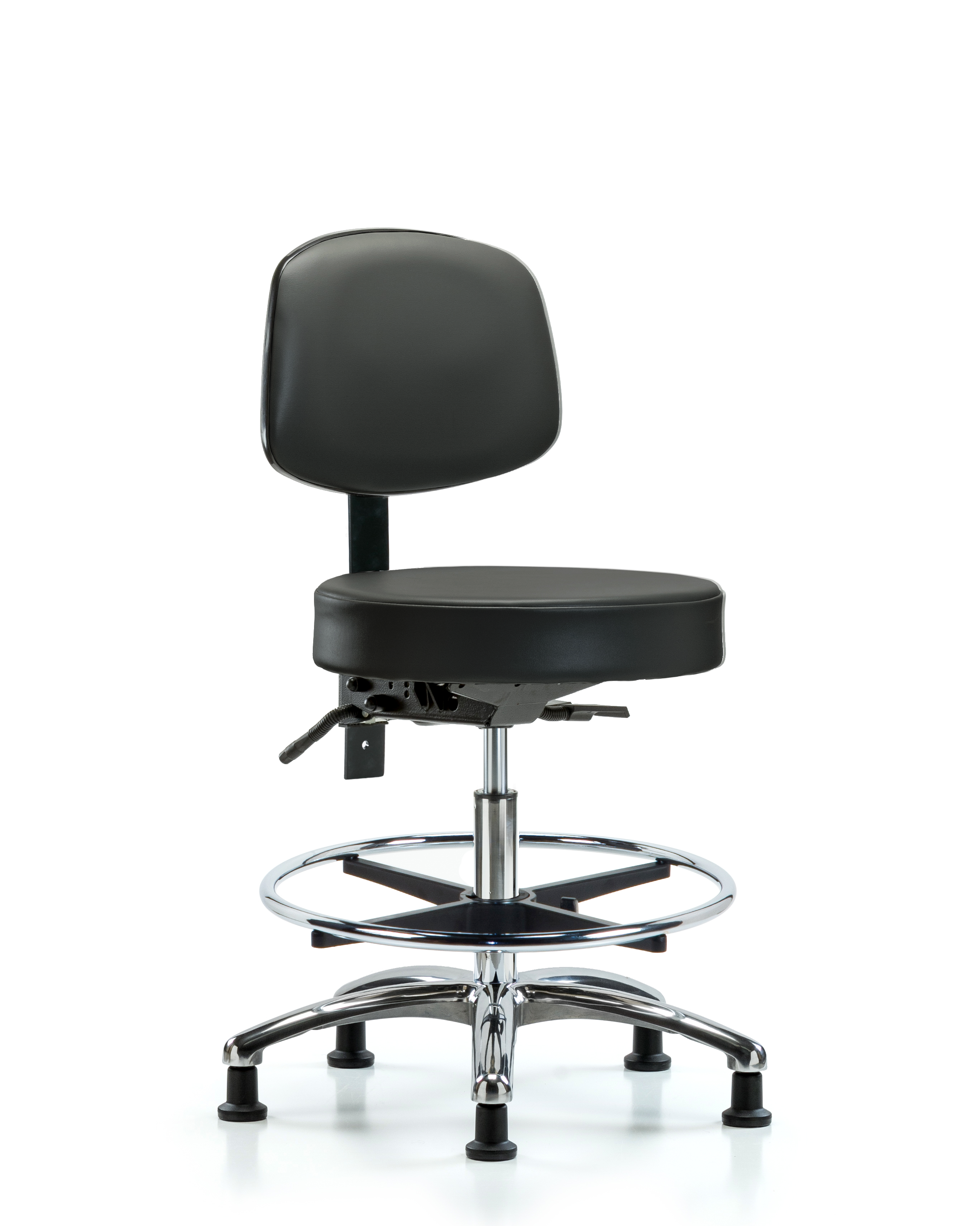 Rutledge Vinyl Stool with Back Chrome - Medium Bench Height with Seat Tilt, Chrome Foot Ring, & Stationary Glides in Carbon Supernova Vinyl