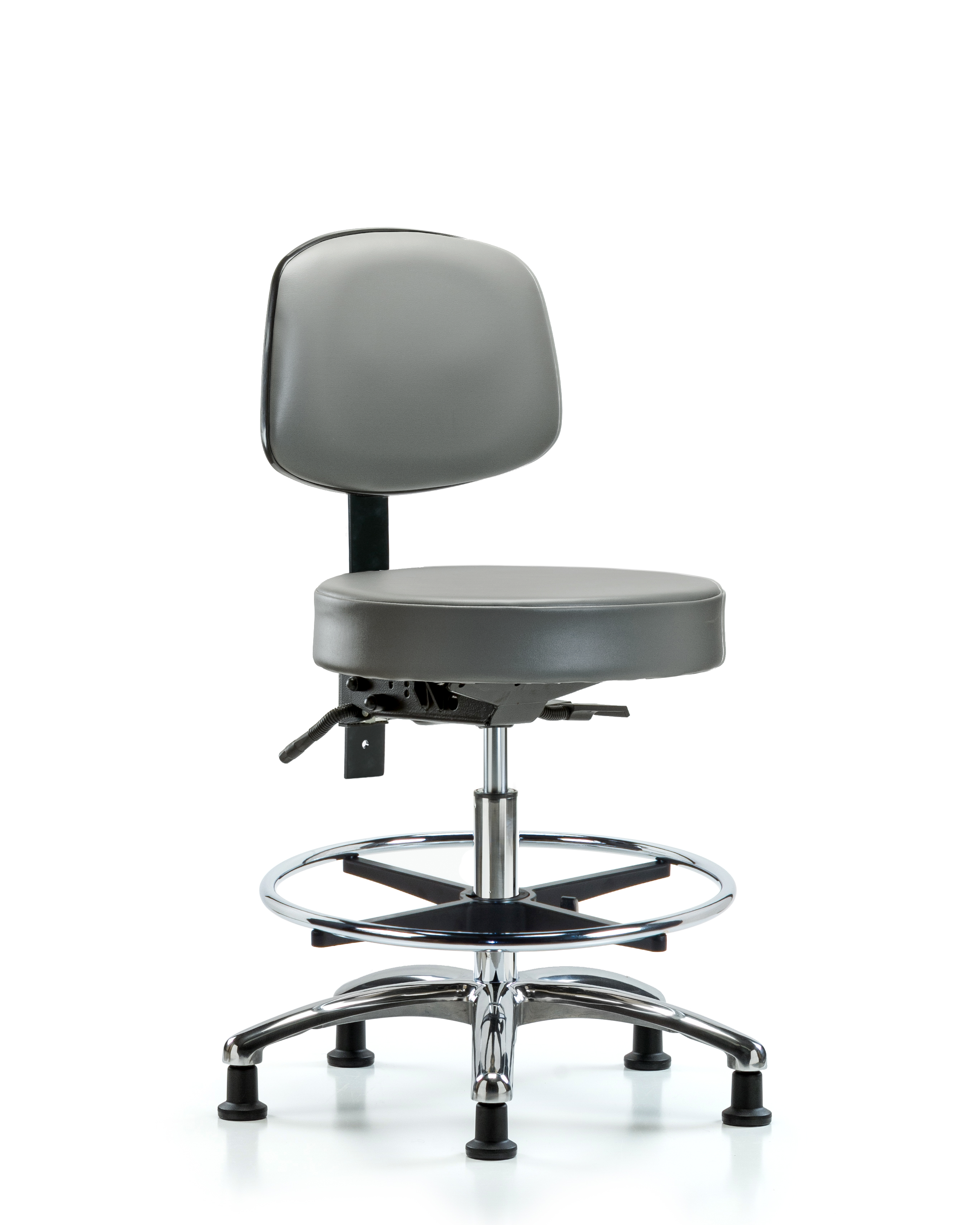 Rutledge Vinyl Stool with Back Chrome - Medium Bench Height with Seat Tilt, Chrome Foot Ring, & Stationary Glides in Sterling Supernova Vinyl