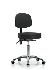 Rutledge Vinyl Stool with Back Chrome - Medium Bench Height with Seat Tilt & Casters in Black Trailblazer Vinyl
