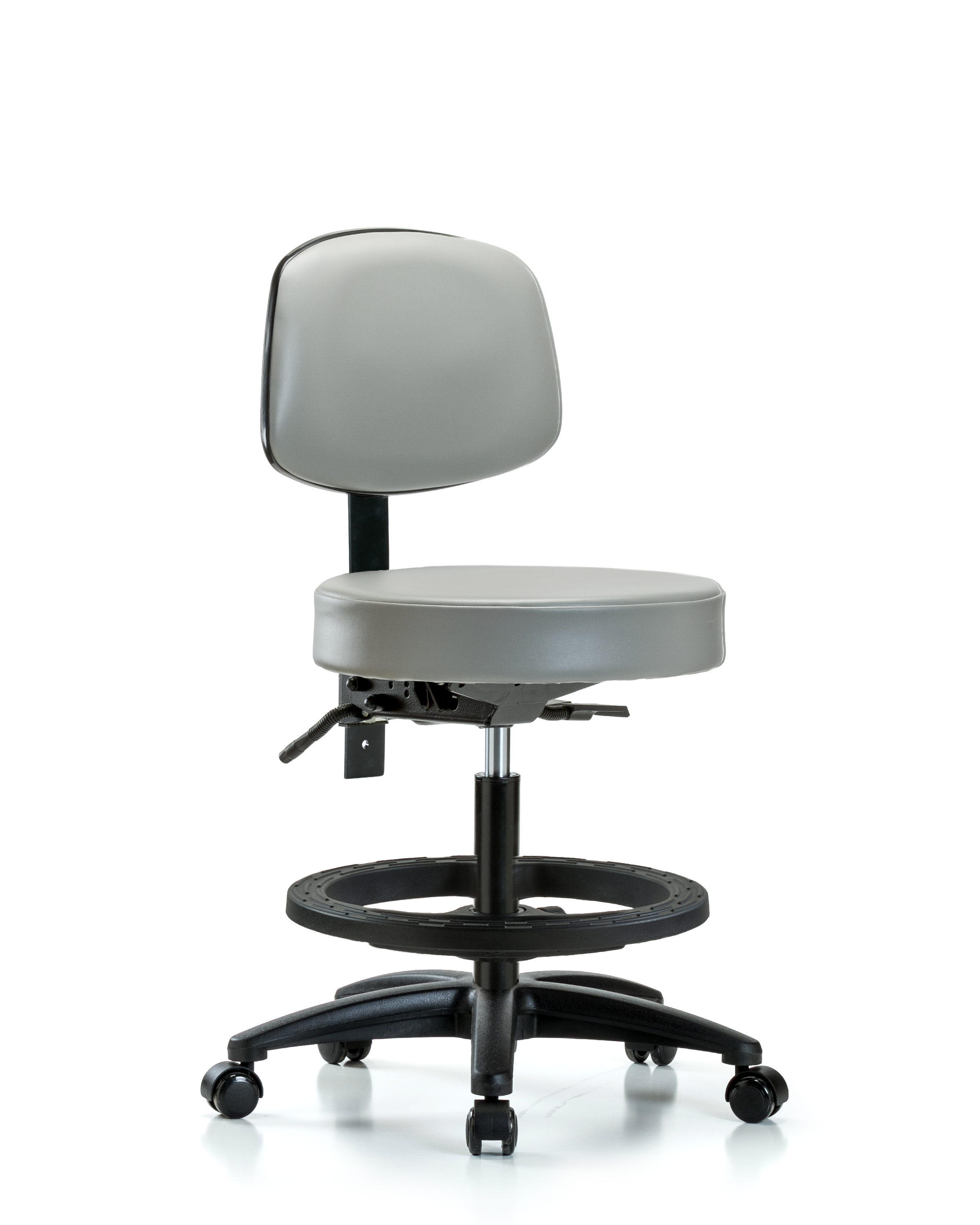 Rutledge Vinyl Stool with Back - Medium Bench Height with Black Foot Ring & Casters in Dove Trailblazer Vinyl