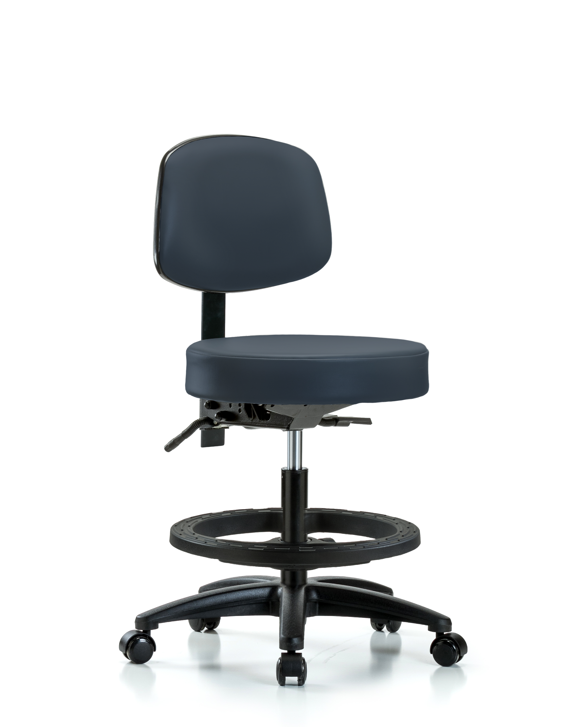 Rutledge Vinyl Stool with Back - Medium Bench Height with Black Foot Ring & Casters in Imperial Blue Trailblazer Vinyl