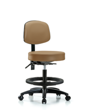 Rutledge Vinyl Stool with Back - Medium Bench Height with Black Foot Ring & Casters in Taupe Trailblazer Vinyl