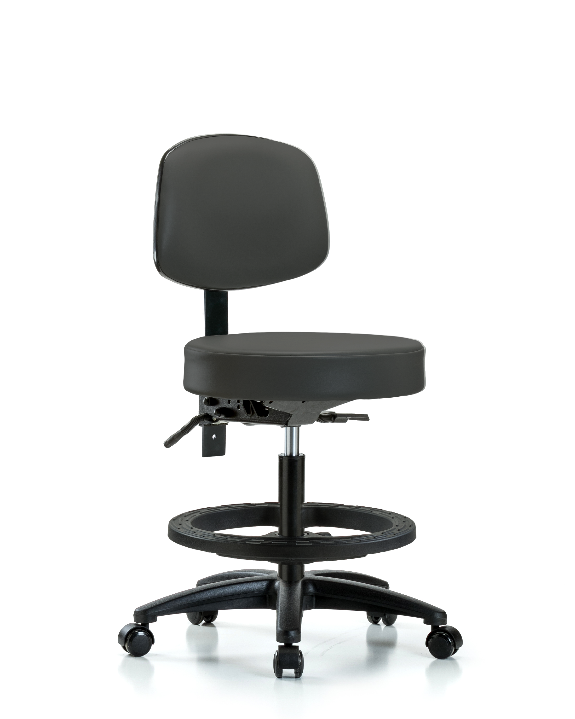 Rutledge Vinyl Stool with Back - Medium Bench Height with Black Foot Ring & Casters in Charcoal Trailblazer Vinyl