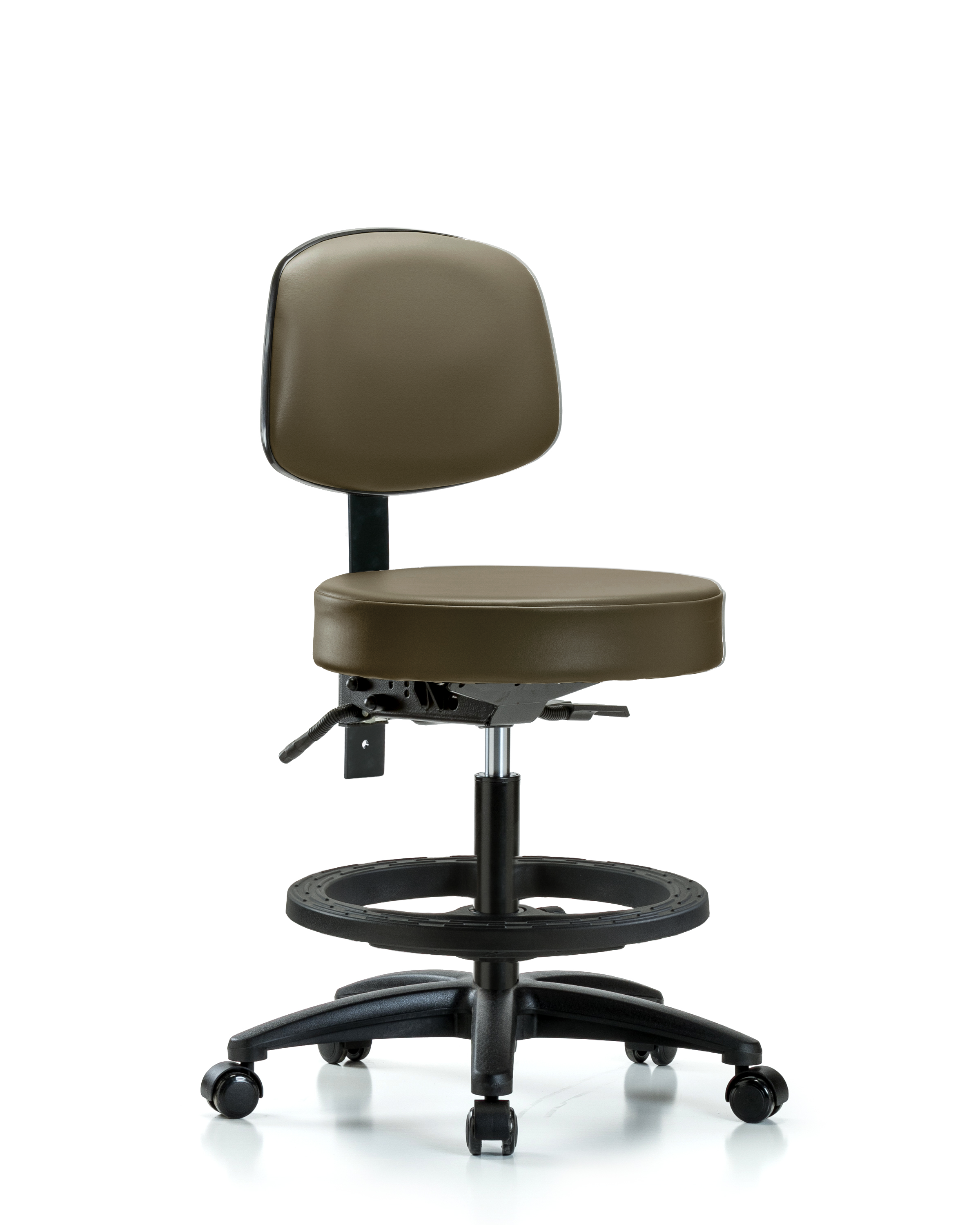 Rutledge Vinyl Stool with Back - Medium Bench Height with Black Foot Ring & Casters in Taupe Supernova Vinyl