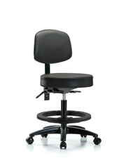 Rutledge Vinyl Stool with Back - Medium Bench Height with Black Foot Ring & Casters in Carbon Supernova Vinyl