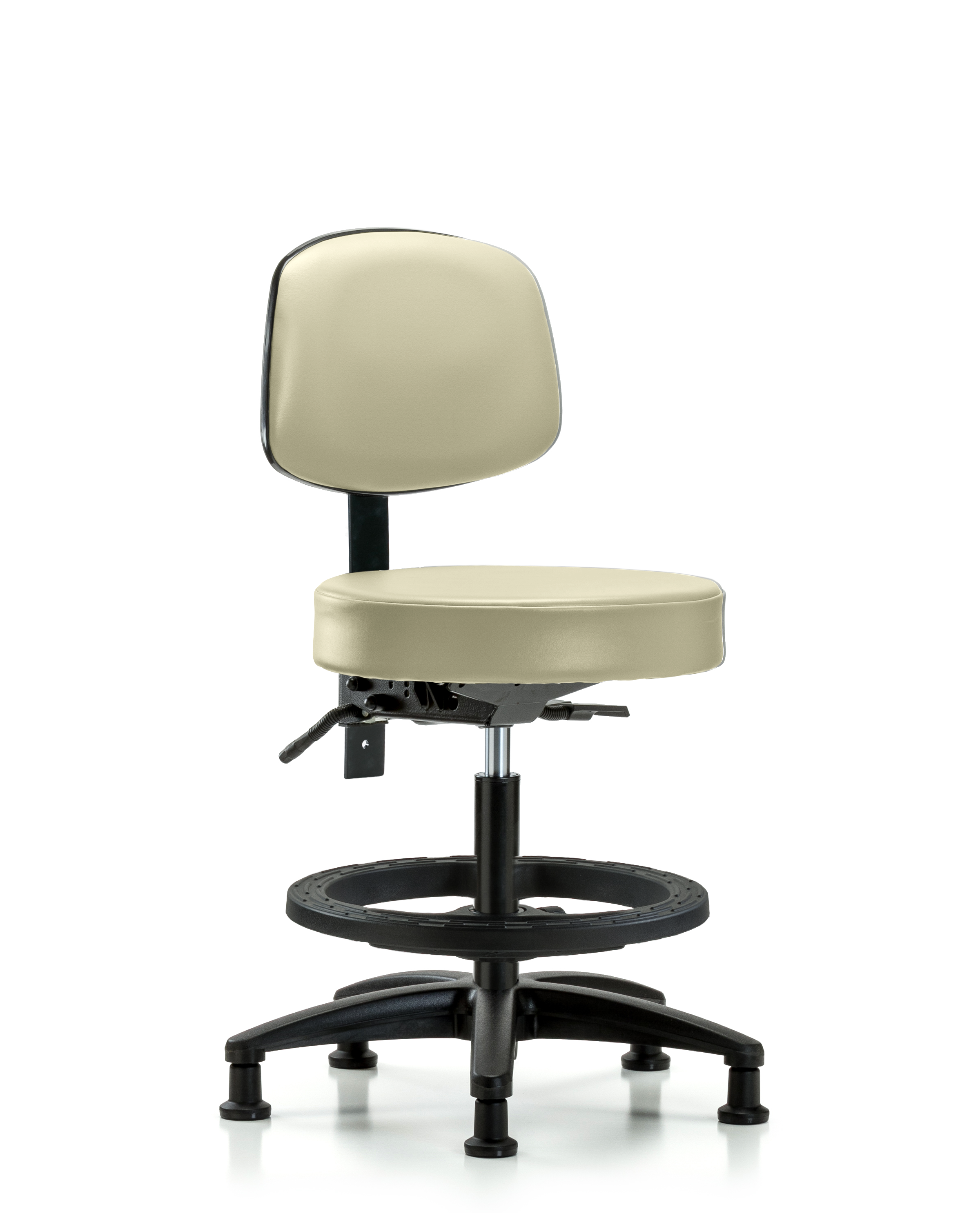 Rutledge Vinyl Stool with Back - Medium Bench Height with Black Foot Ring & Stationary Glides in Adobe White Trailblazer Vinyl