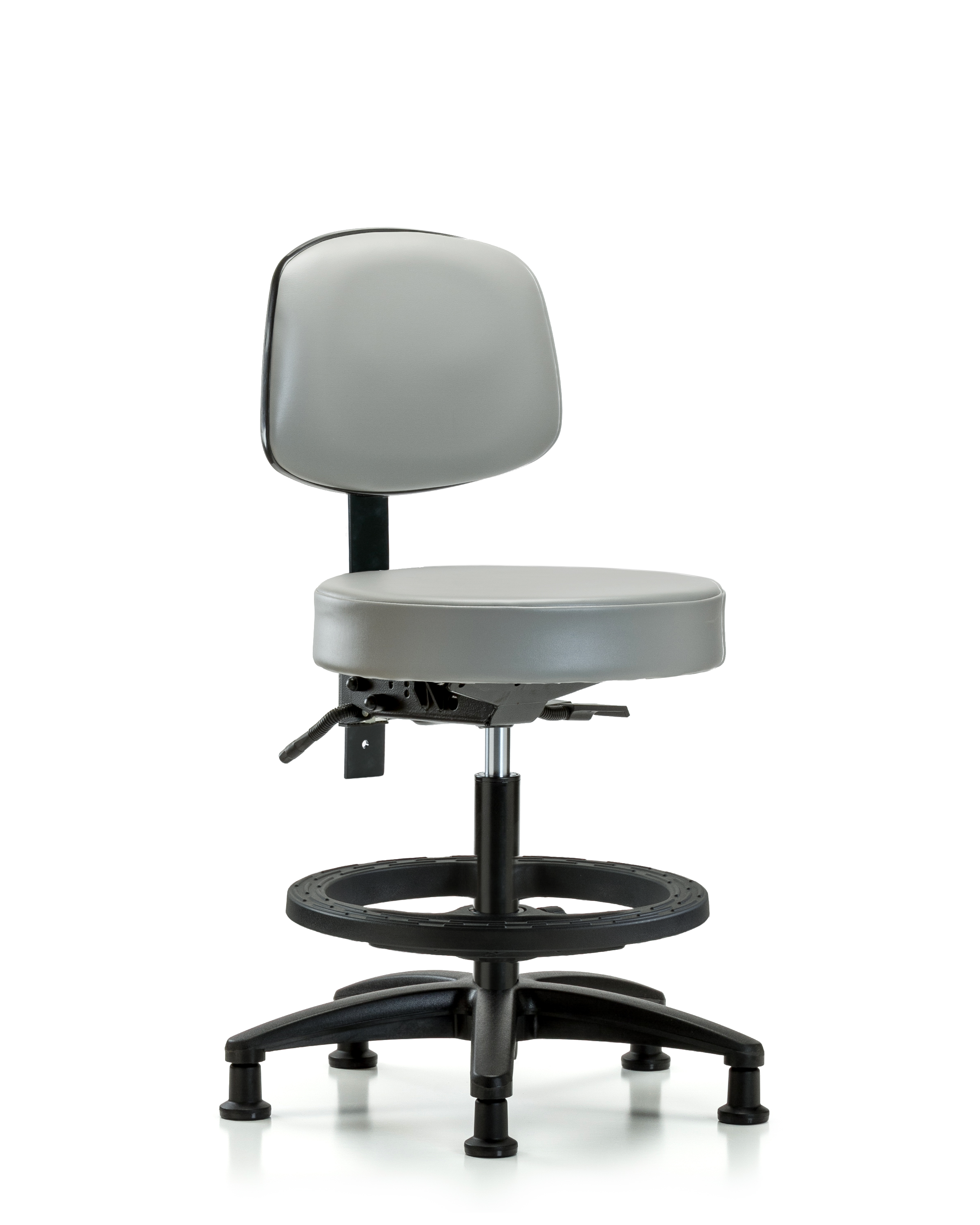 Rutledge Vinyl Stool with Back - Medium Bench Height with Black Foot Ring & Stationary Glides in Dove Trailblazer Vinyl