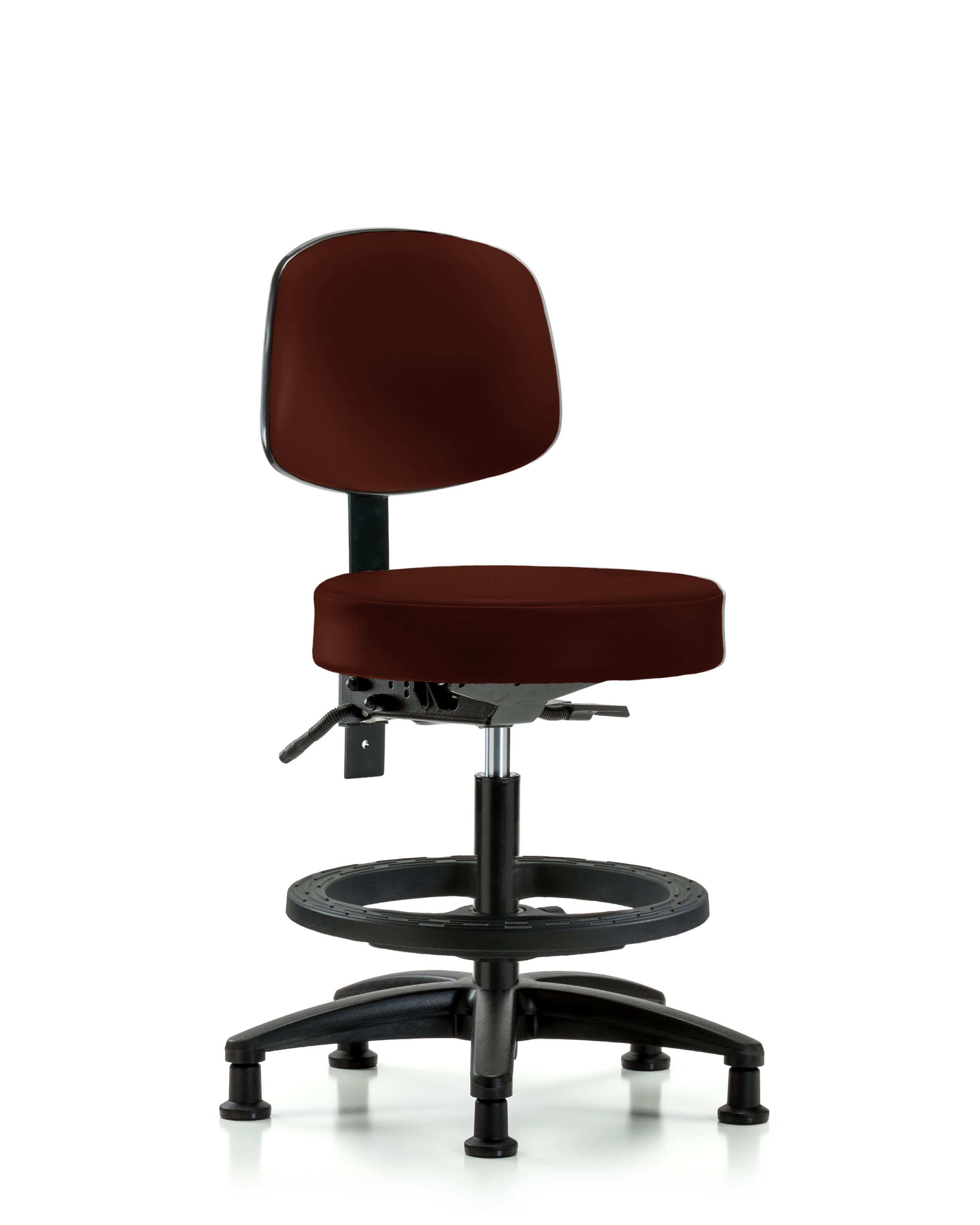 Rutledge Vinyl Stool with Back - Medium Bench Height with Black Foot Ring & Stationary Glides in Burgundy Trailblazer Vinyl