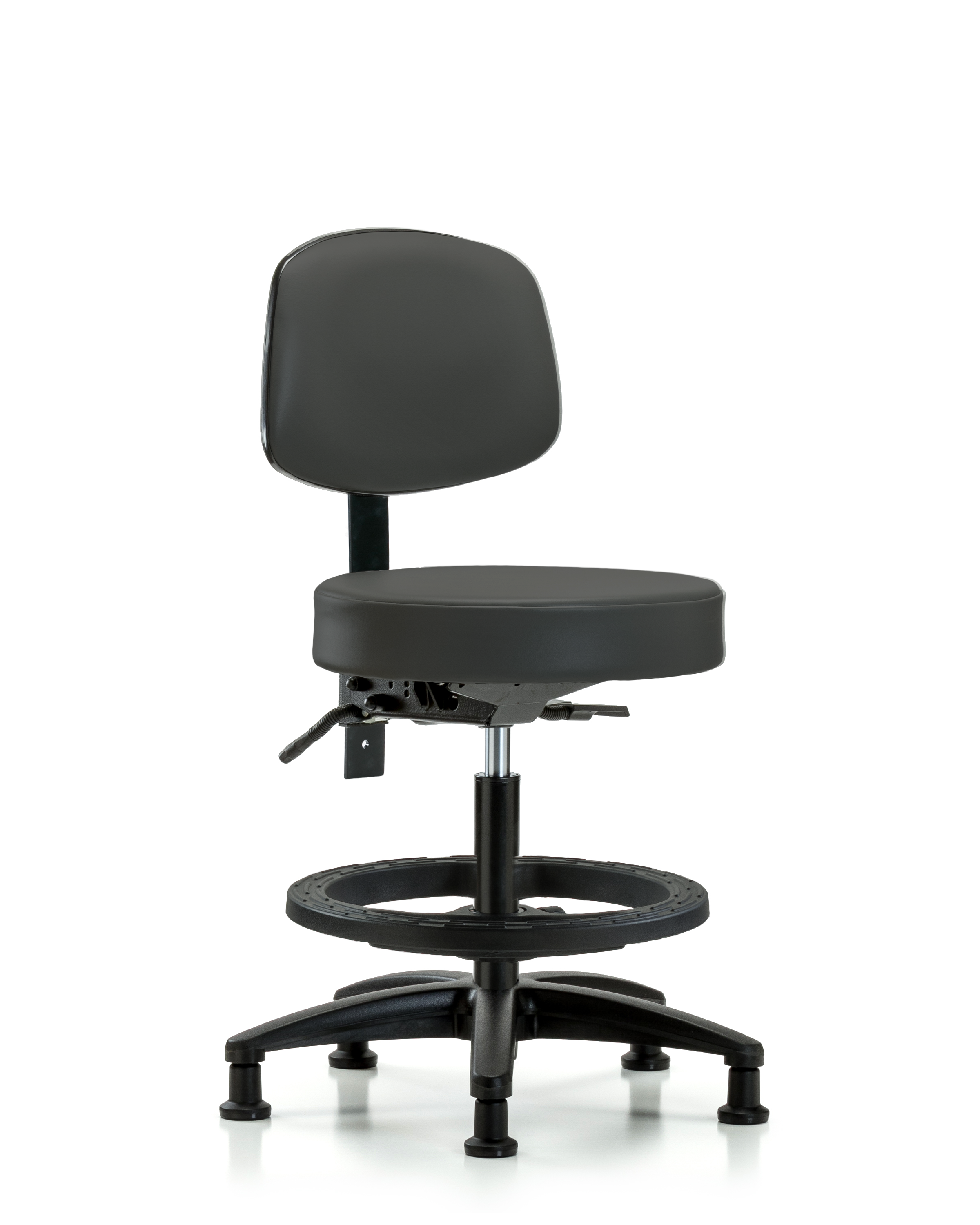 Rutledge Vinyl Stool with Back - Medium Bench Height with Black Foot Ring & Stationary Glides in Charcoal Trailblazer Vinyl