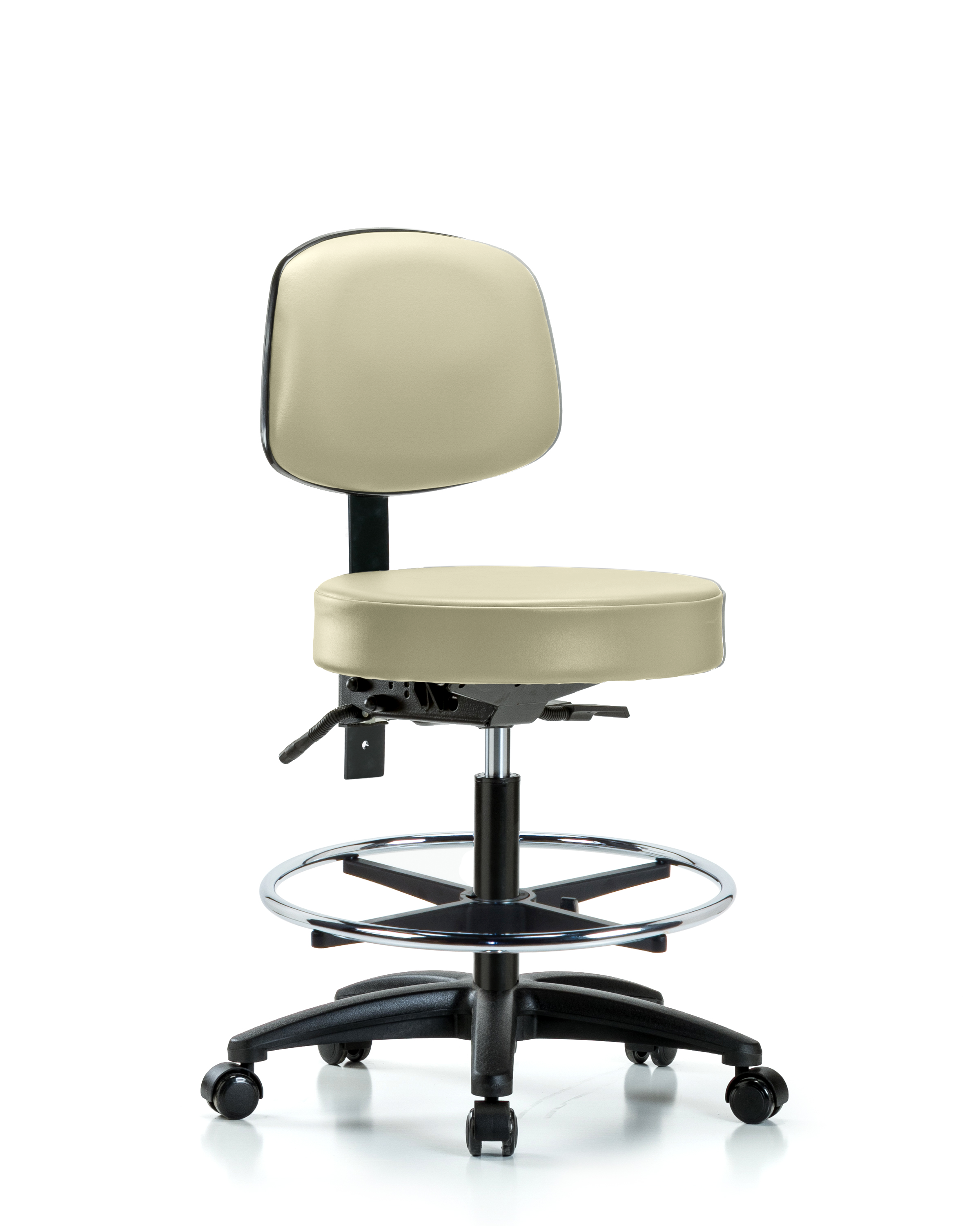 Rutledge Vinyl Stool with Back - Medium Bench Height with Chrome Foot Ring & Casters in Adobe White Trailblazer Vinyl